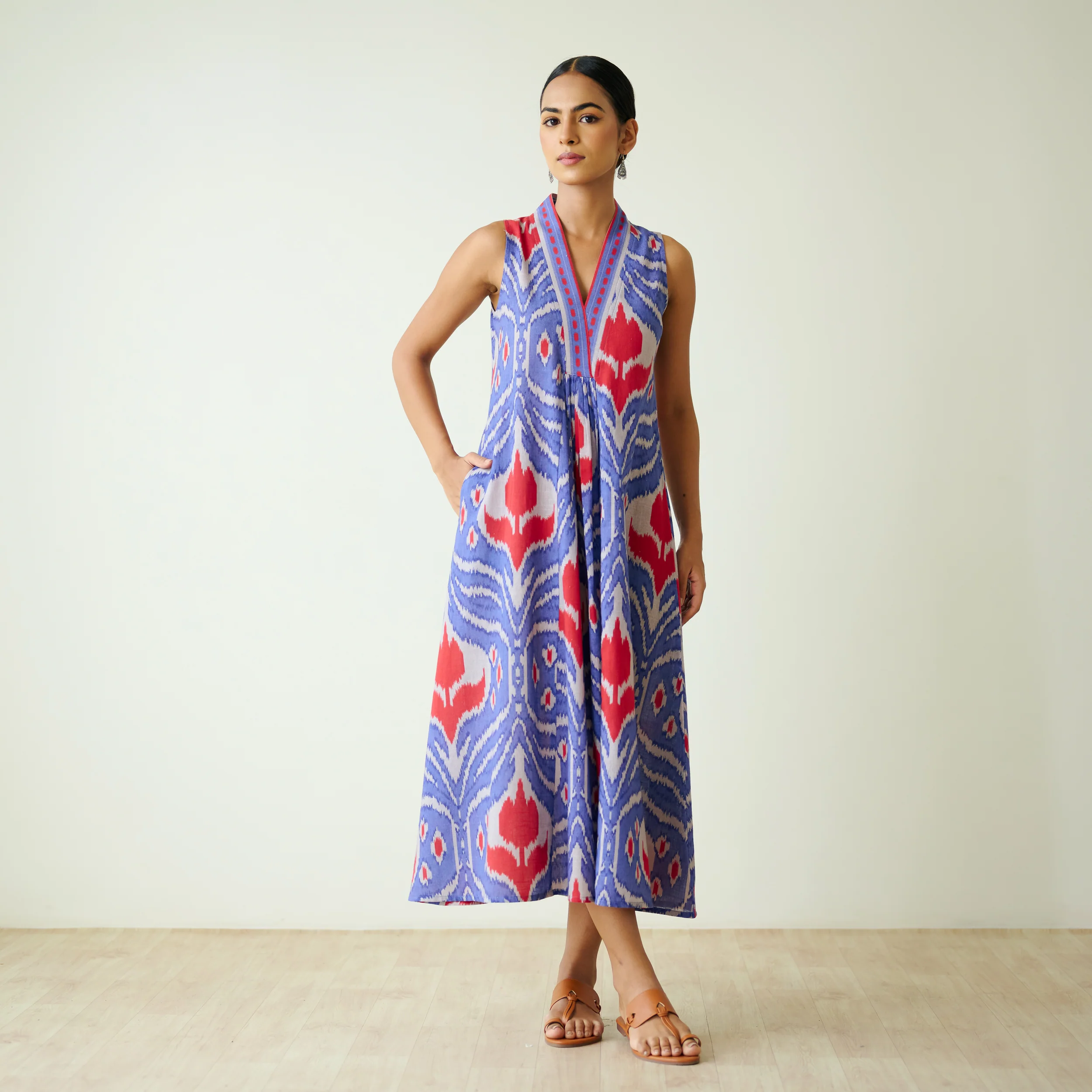 Amara Slub Cotton Sleeveless Dress - Blue - Image 3