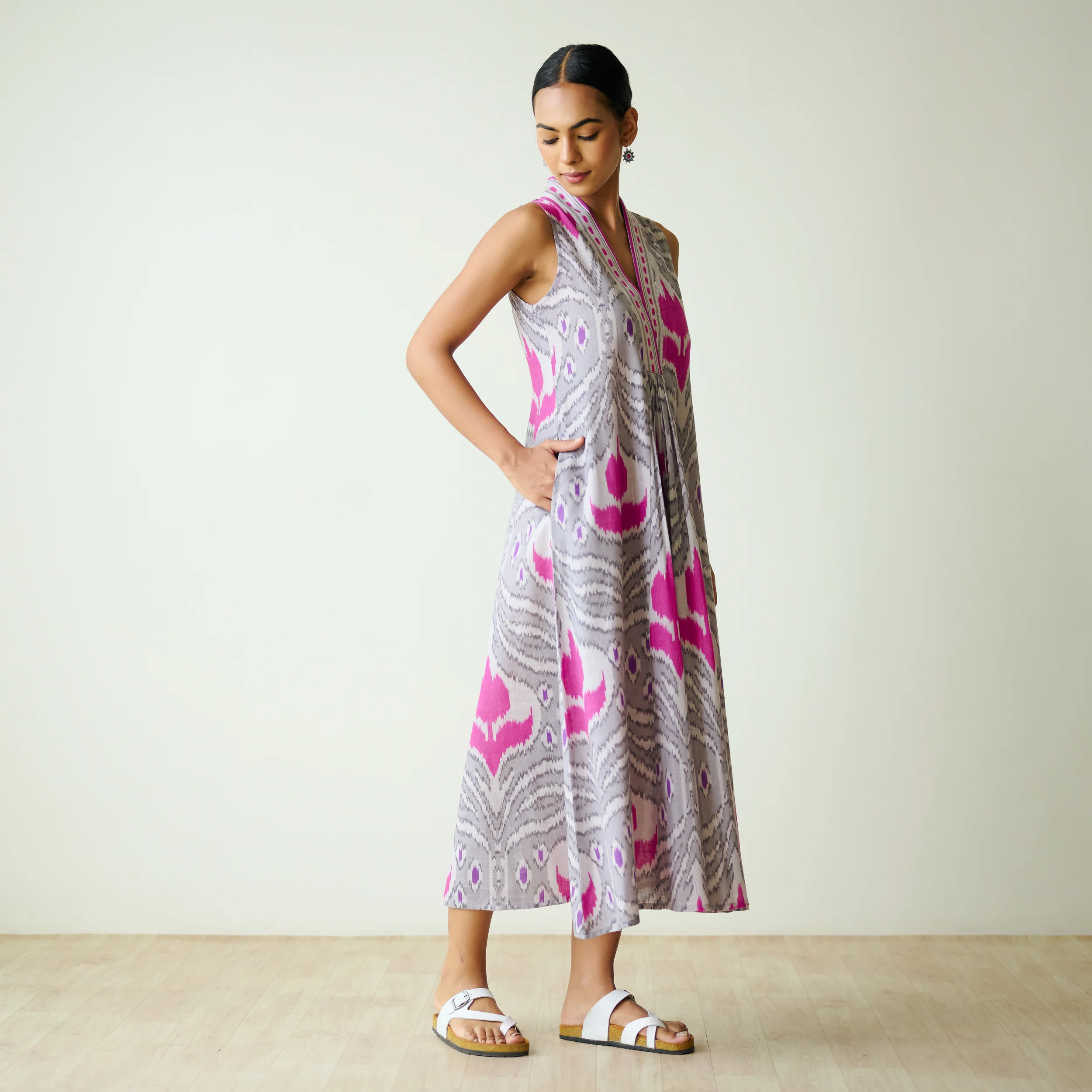 Amara Slub Cotton Sleeveless Dress - Grey - Image 5