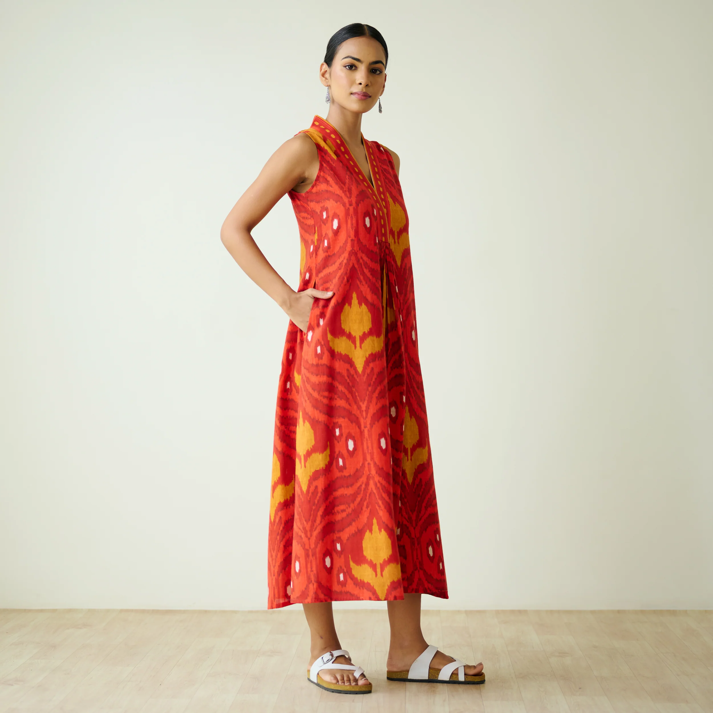 Amara Slub Cotton Sleeveless Dress - Red - Image 5