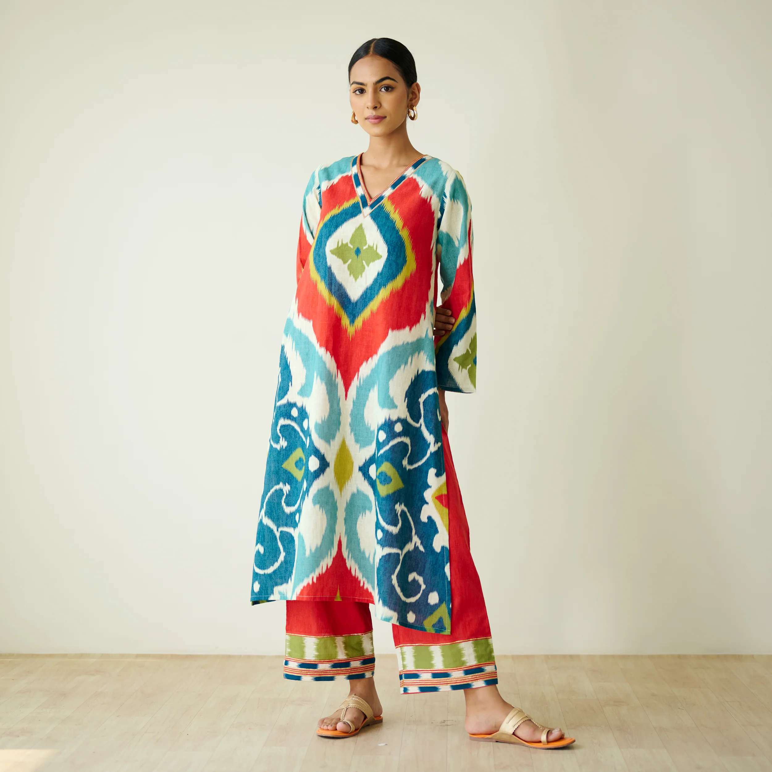 Aurora Slub Cotton Kurta Set with Gota Detailing - Multicolour - Image 11
