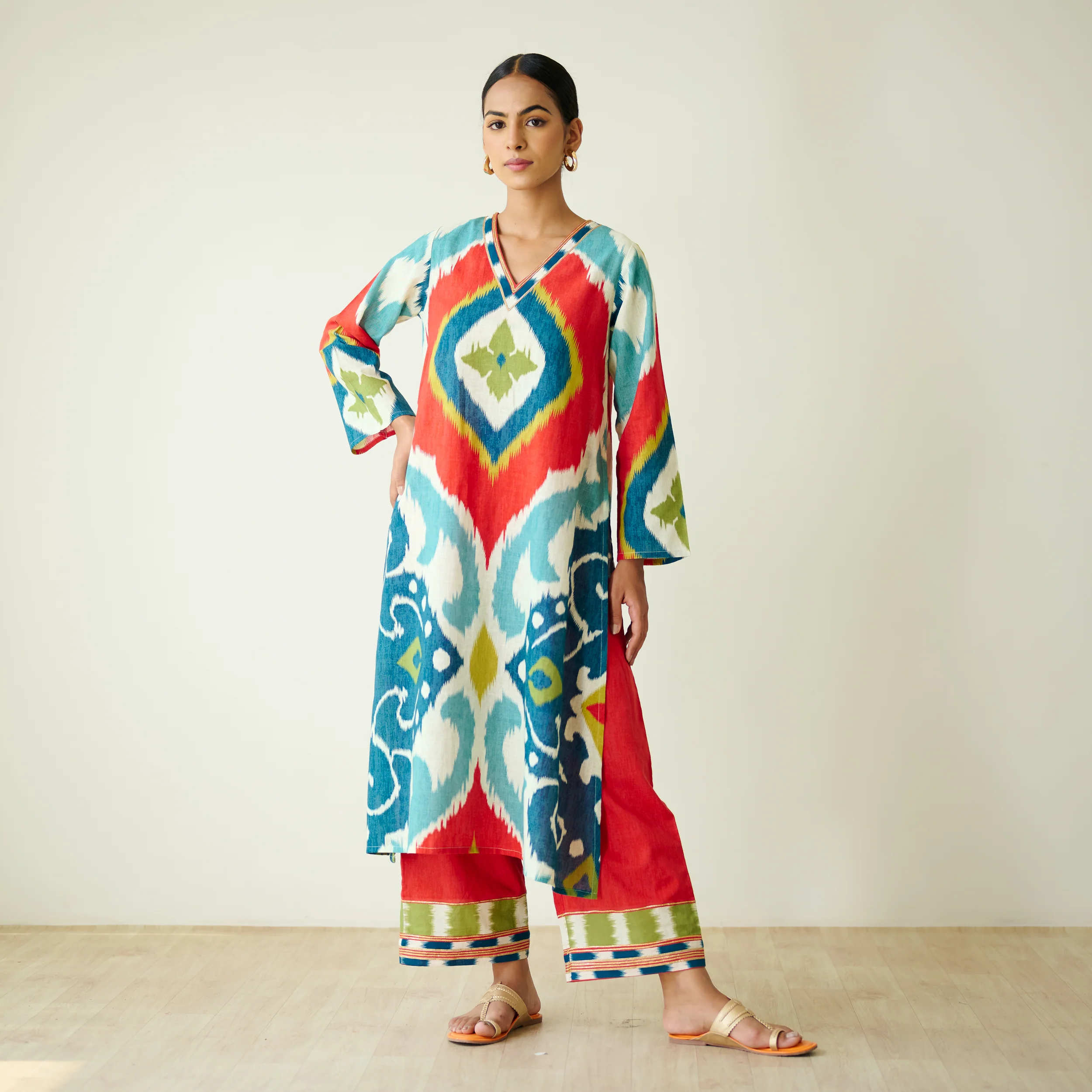 Aurora Slub Cotton Kurta Set with Gota Detailing - Multicolour - Image 3