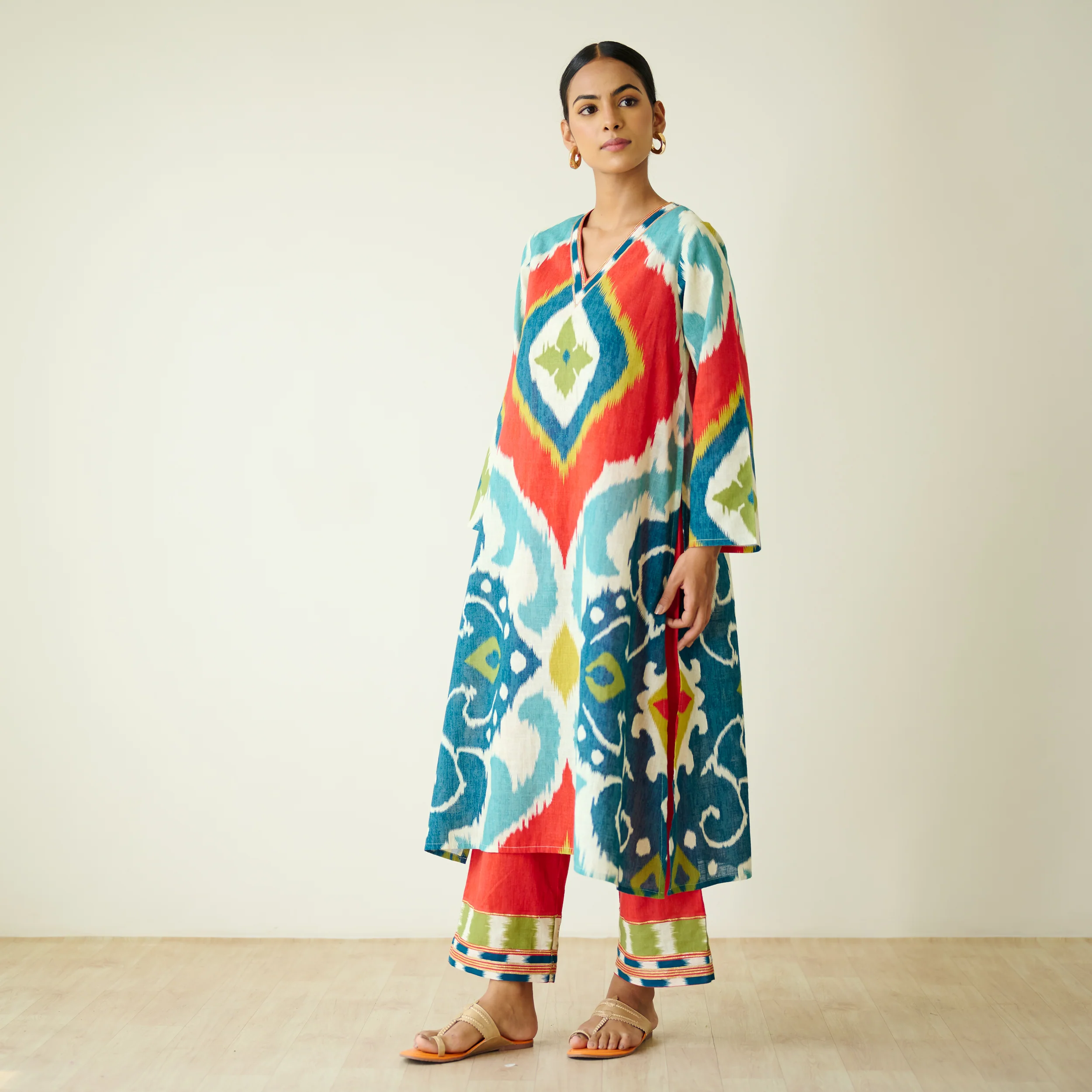 Aurora Slub Cotton Kurta Set with Gota Detailing - Multicolour - Image 7