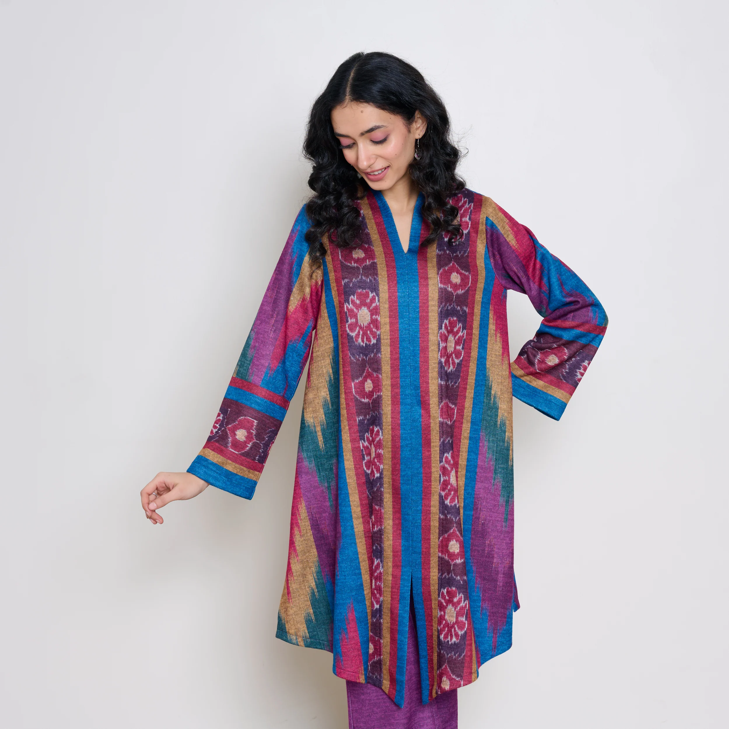 Autumn Woollen Coord Set - Electric Blue & Multicolour - Image 3