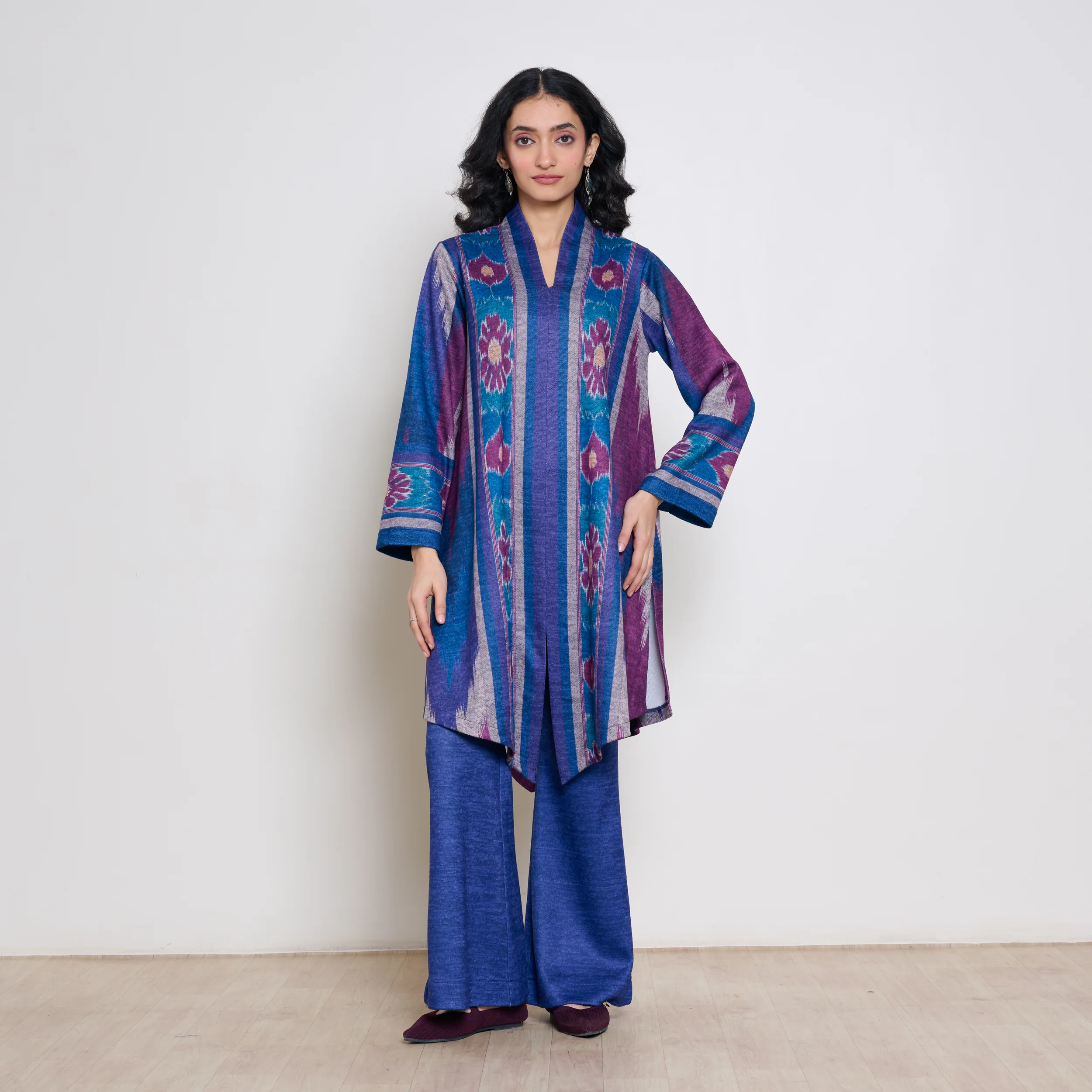 Autumn Woollen Coord Set - Porcelain Blue & Multicolour