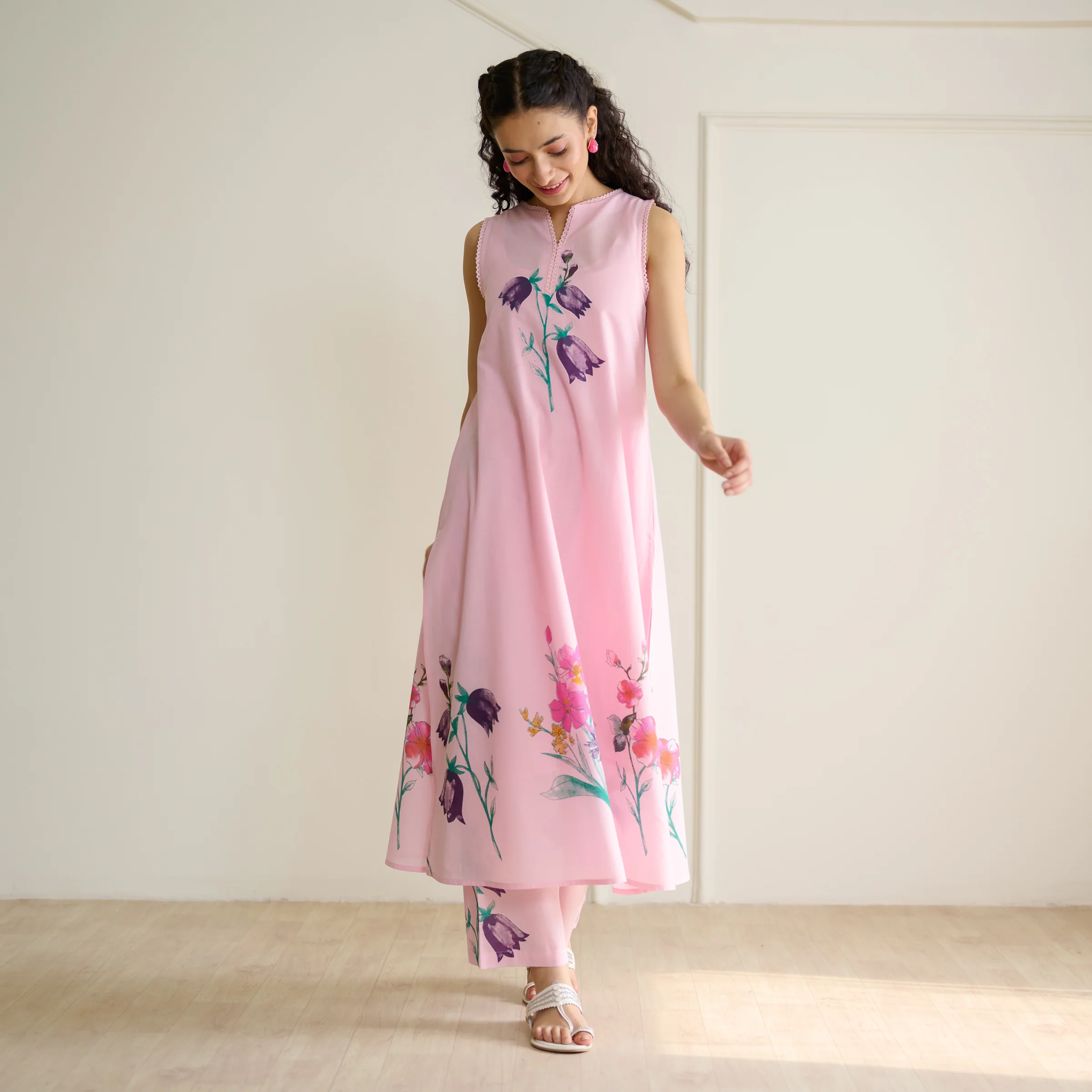 Aviva Patchwork Cotton Kurta Set with Mulmul Slip - Candy Pink - Image 10