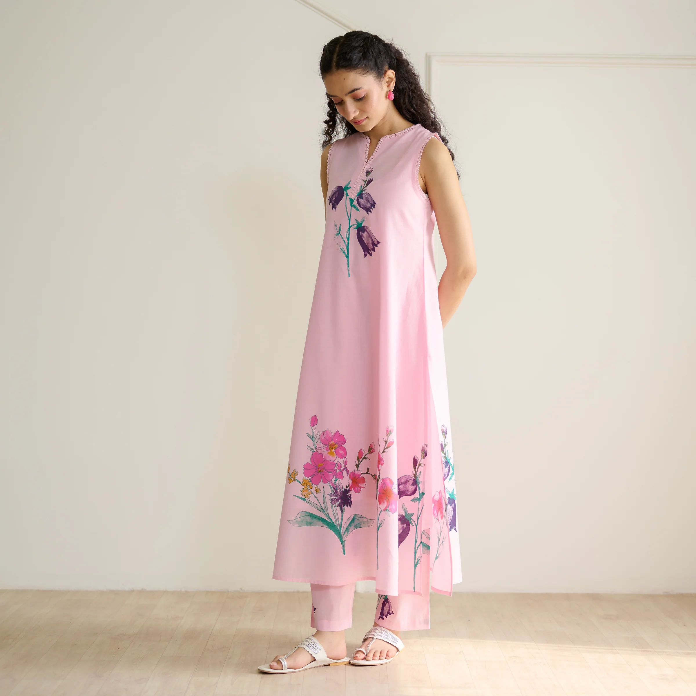 Aviva Patchwork Cotton Kurta Set with Mulmul Slip - Candy Pink - Image 11