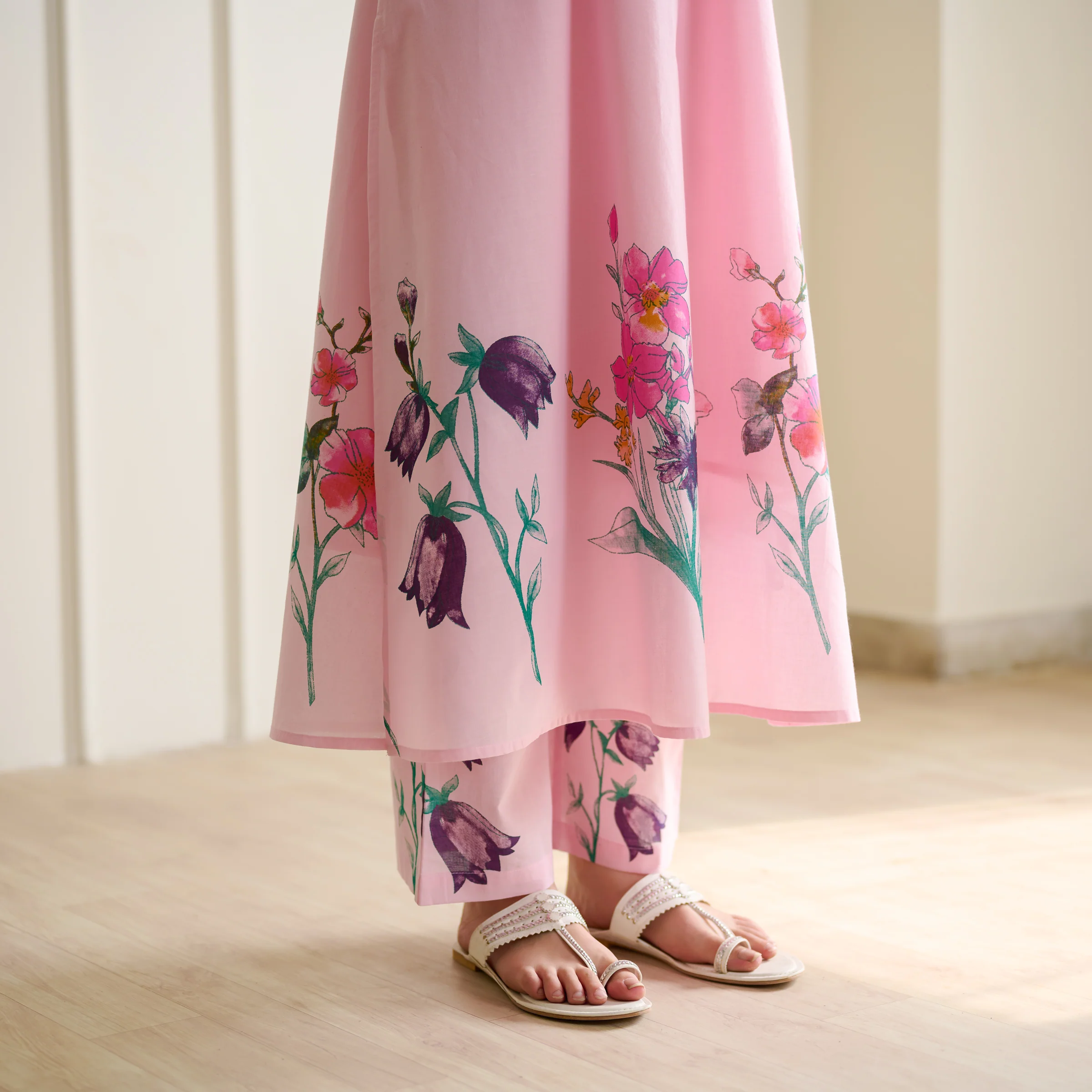 Aviva Patchwork Cotton Kurta Set with Mulmul Slip - Candy Pink - Image 3