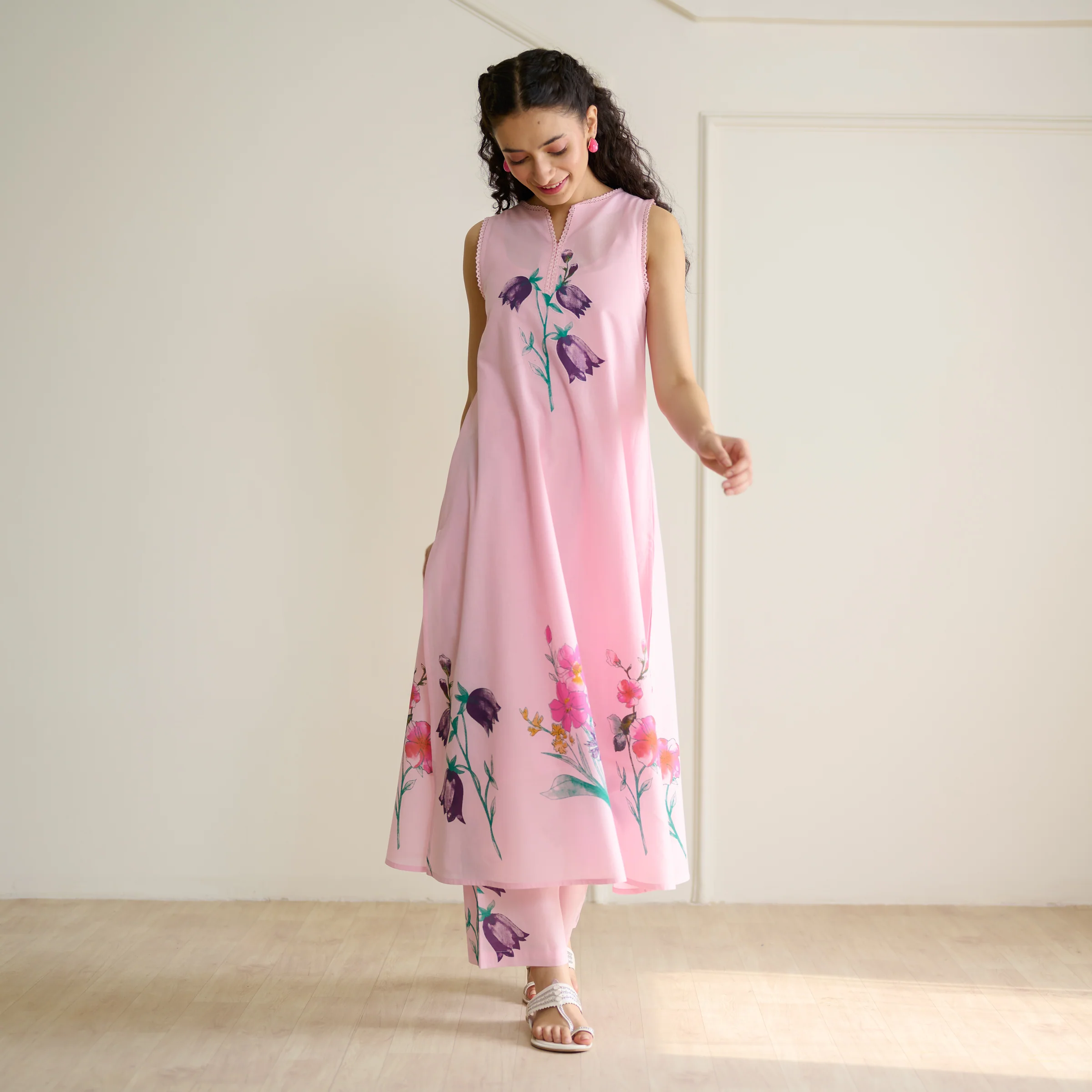 Aviva Patchwork Cotton Kurta Set with Mulmul Slip - Candy Pink - Image 4