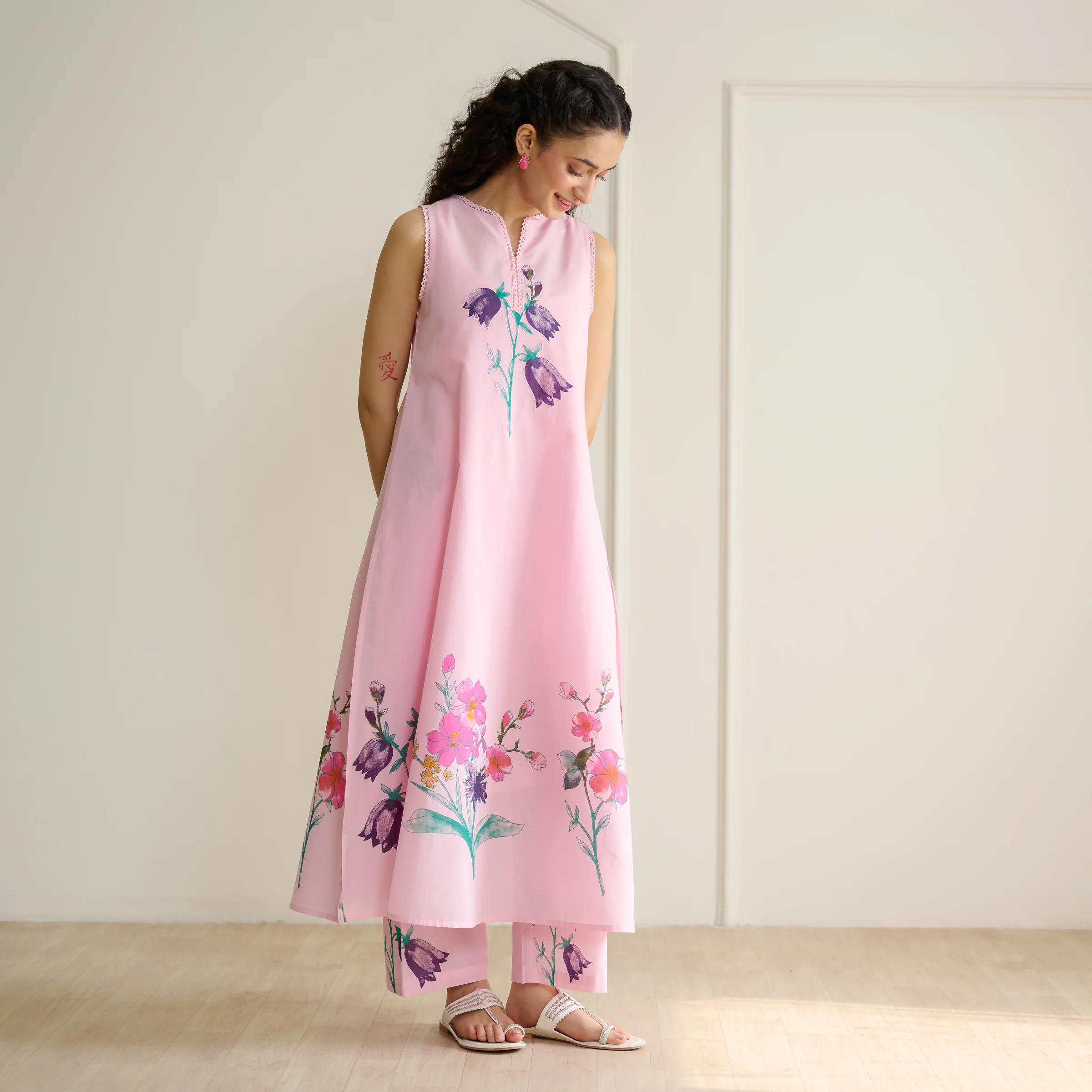 Aviva Patchwork Cotton Kurta Set with Mulmul Slip - Candy Pink - Image 5