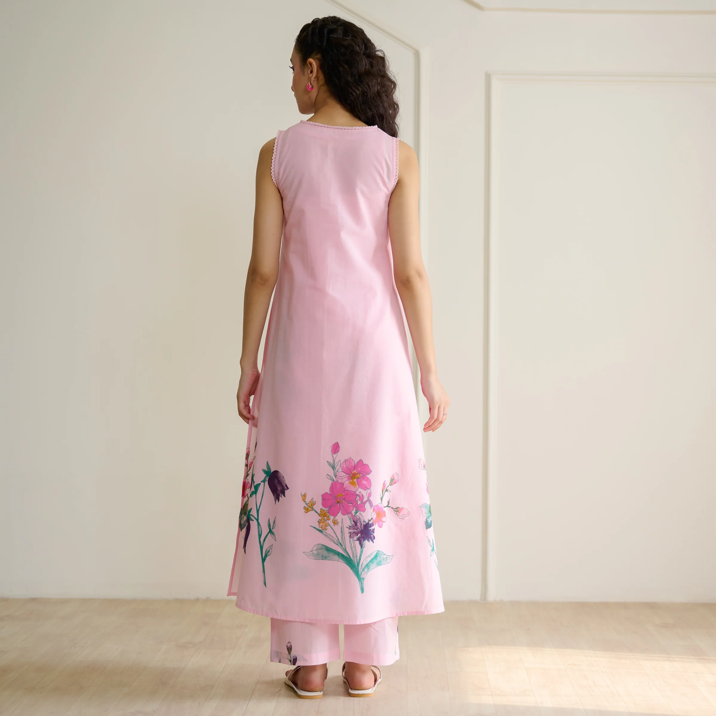 Aviva Patchwork Cotton Kurta Set with Mulmul Slip - Candy Pink - Image 6