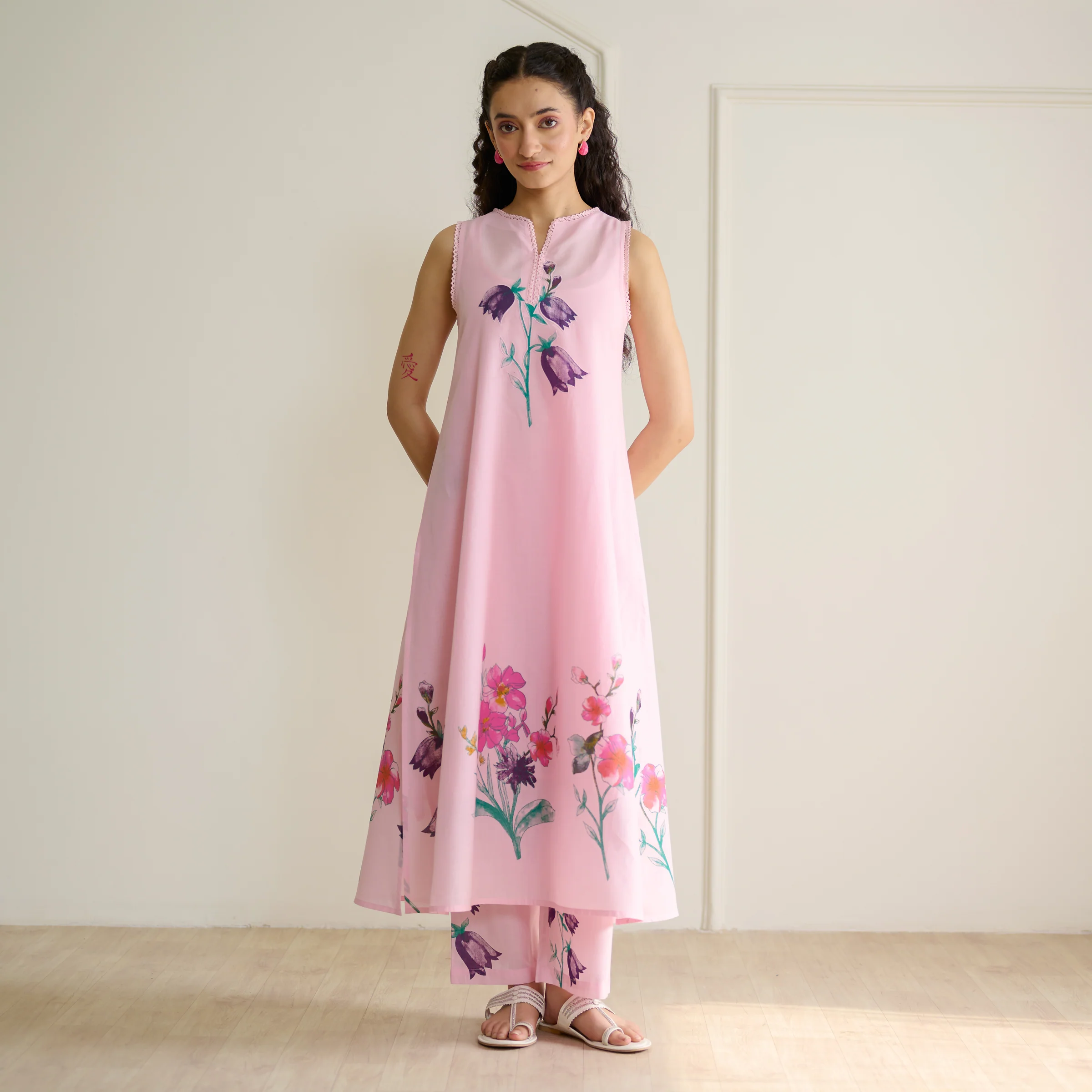 Aviva Patchwork Cotton Kurta Set with Mulmul Slip - Candy Pink - Image 7