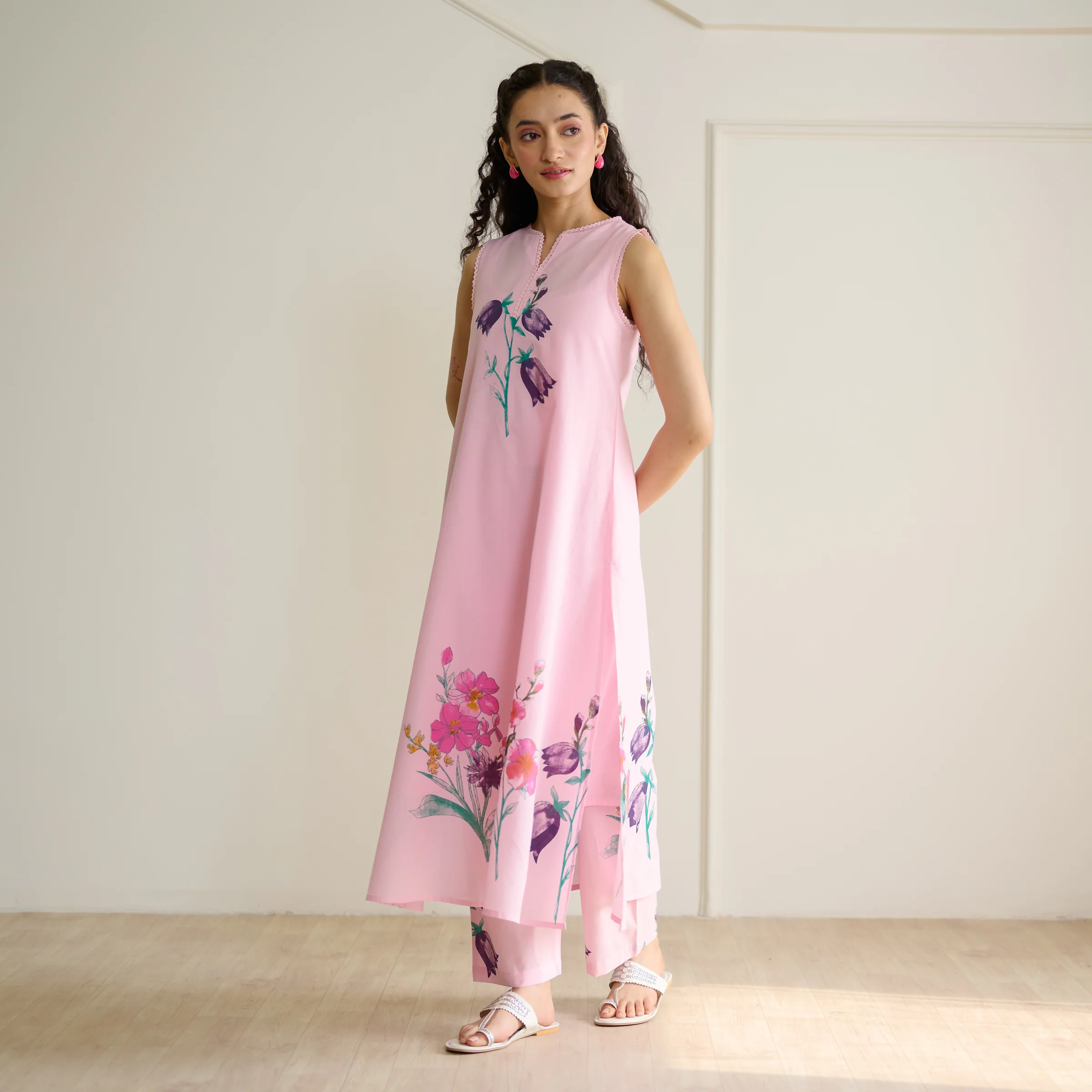 Aviva Patchwork Cotton Kurta Set with Mulmul Slip - Candy Pink - Image 8