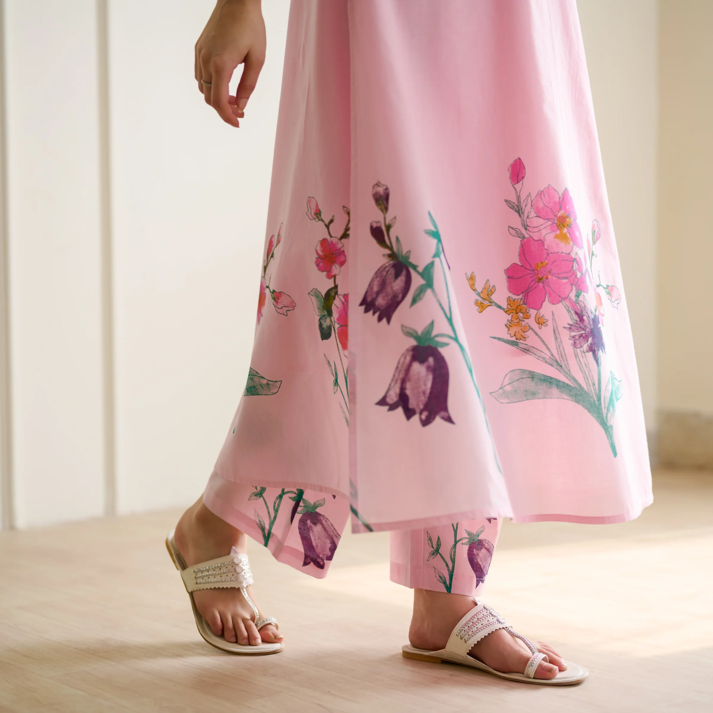 Aviva Patchwork Cotton Kurta Set with Mulmul Slip - Candy Pink - Image 9