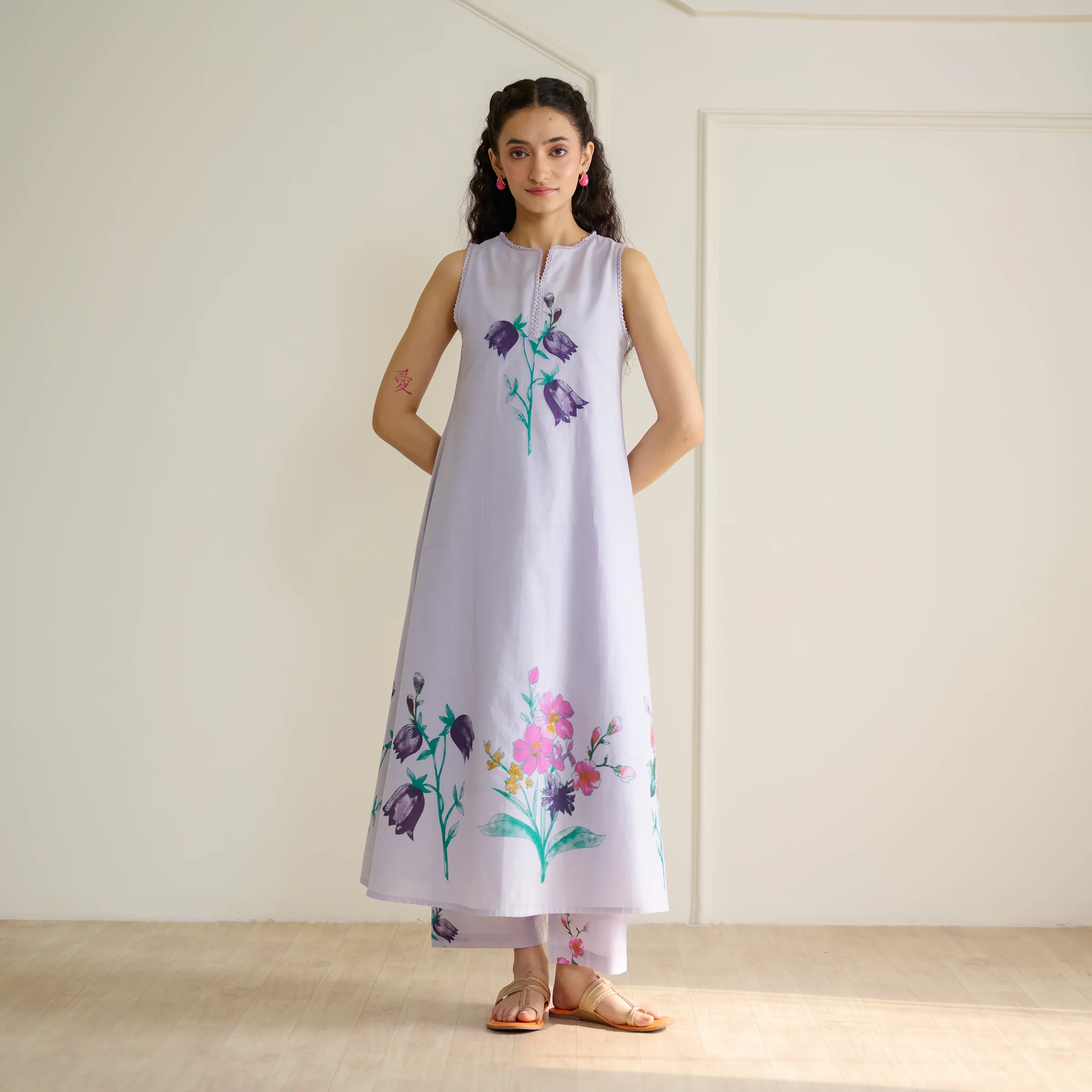 Aviva Patchwork Cotton Kurta Set with Mulmul Slip - Lavender - Image 3