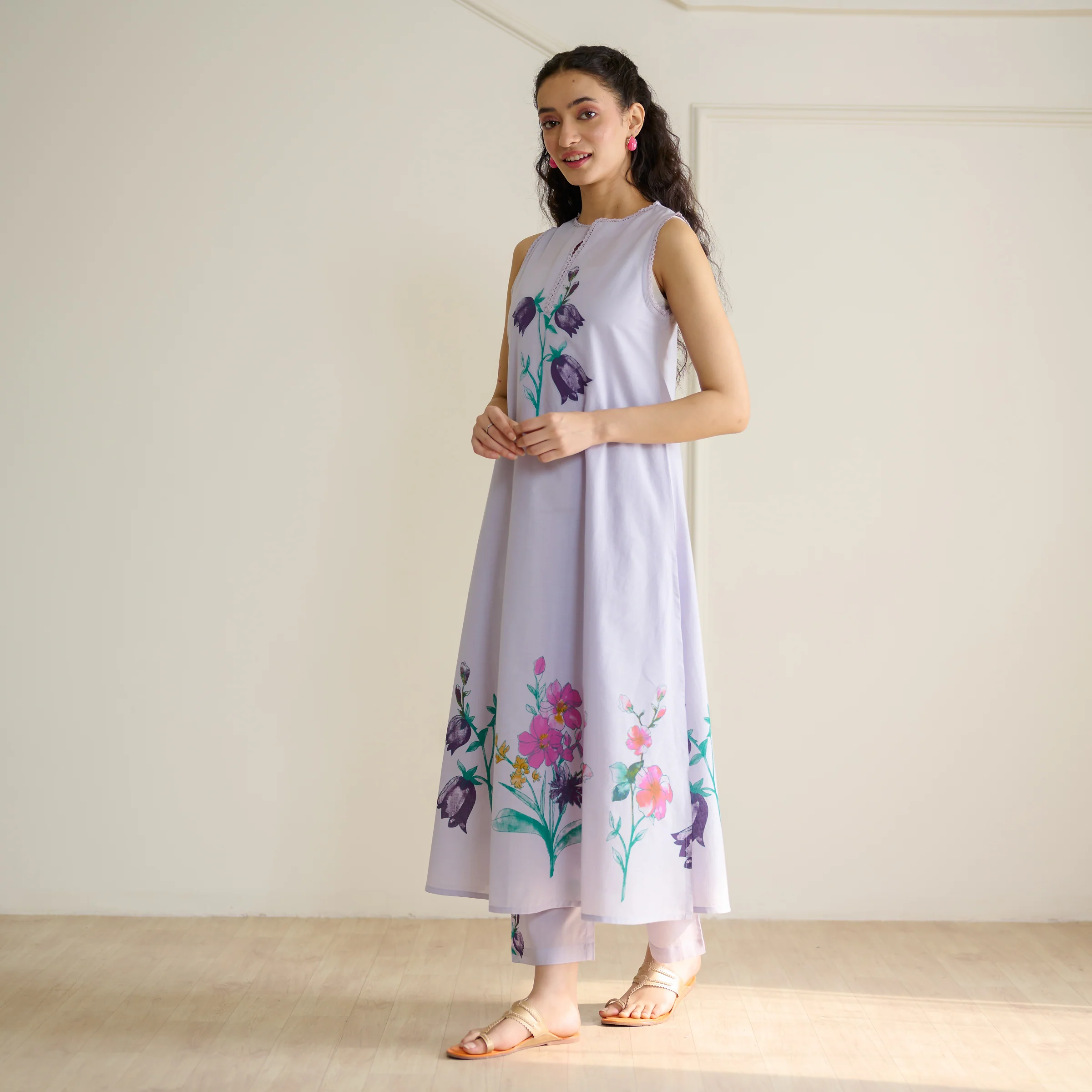 Aviva Patchwork Cotton Kurta Set with Mulmul Slip - Lavender - Image 4