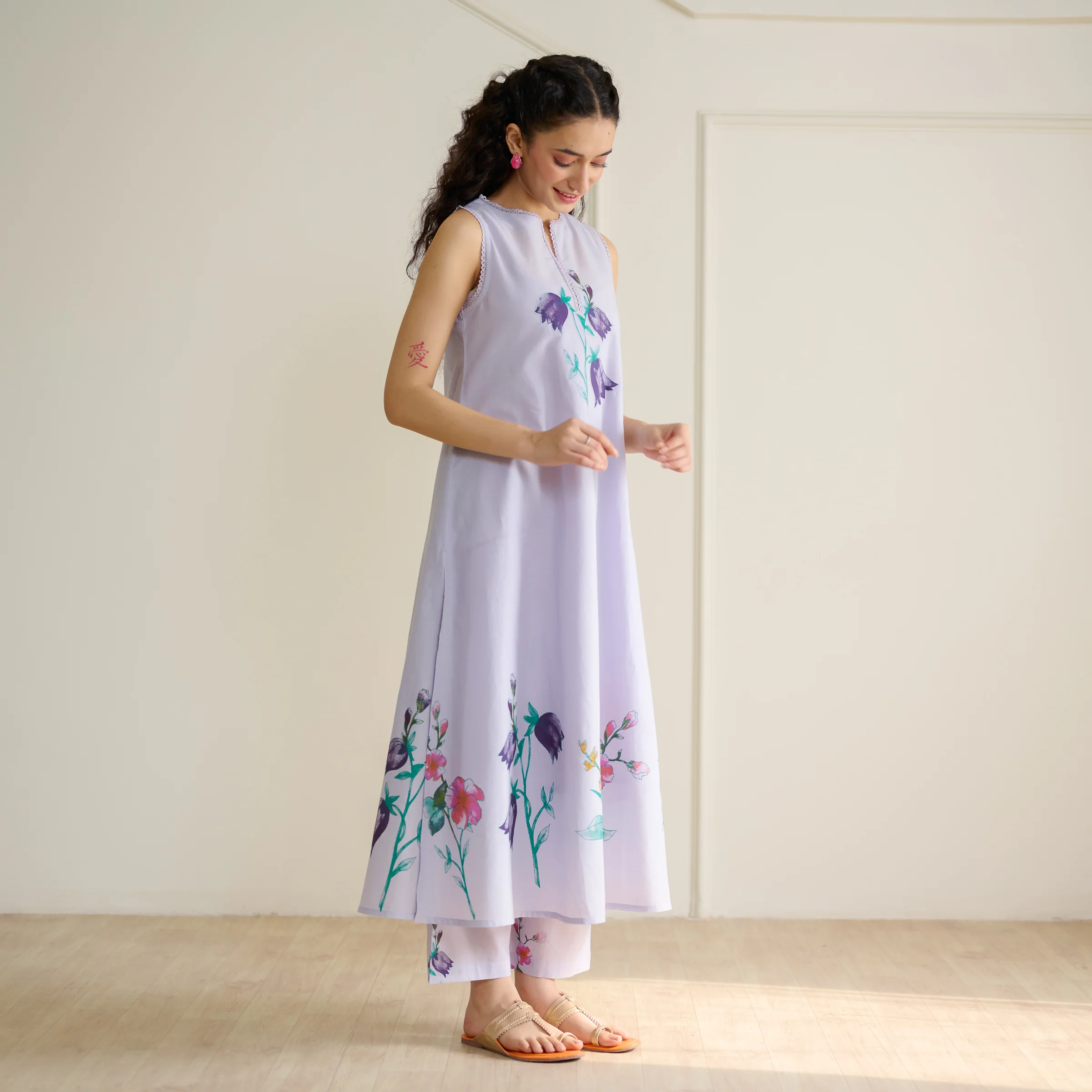 Aviva Patchwork Cotton Kurta Set with Mulmul Slip - Lavender - Image 5
