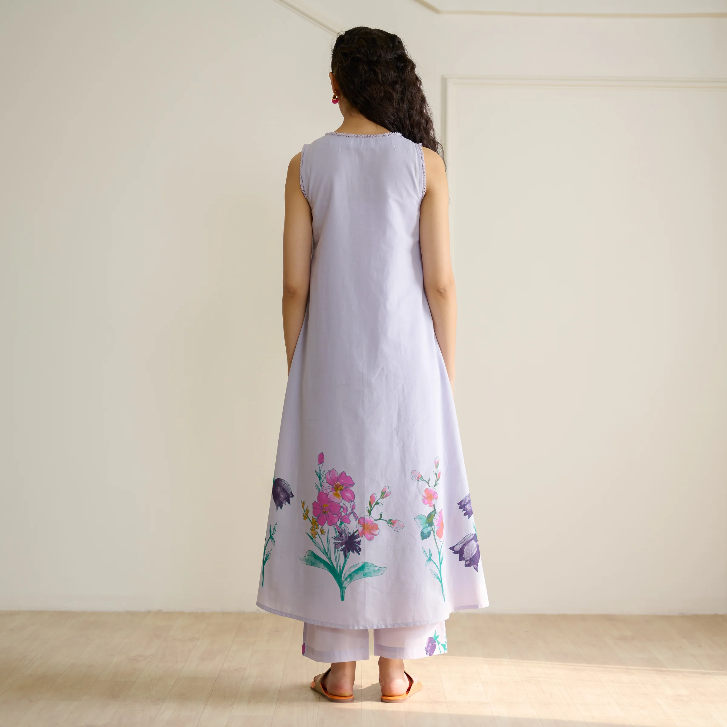 Aviva Patchwork Cotton Kurta Set with Mulmul Slip - Lavender - Image 6