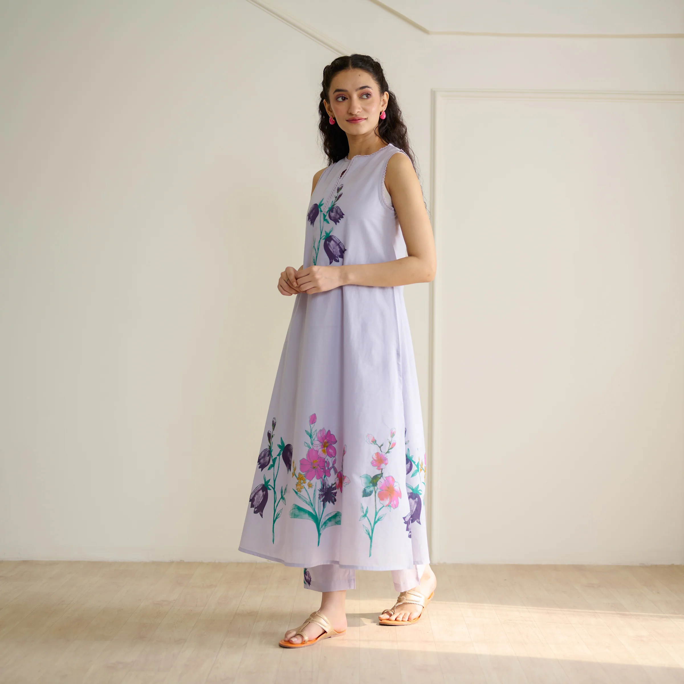 Aviva Patchwork Cotton Kurta Set with Mulmul Slip - Lavender - Image 7