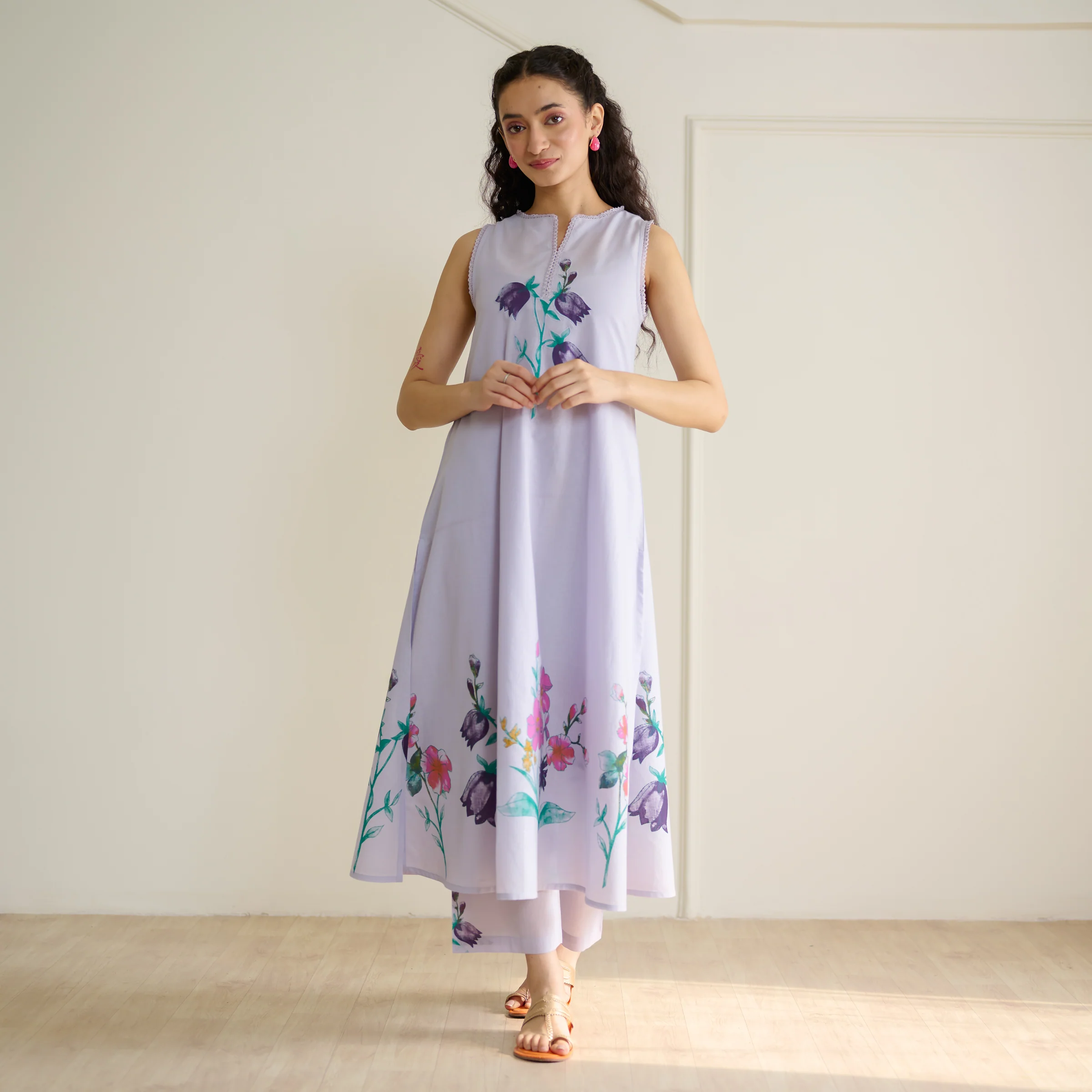 Aviva Patchwork Cotton Kurta Set with Mulmul Slip - Lavender - Image 8