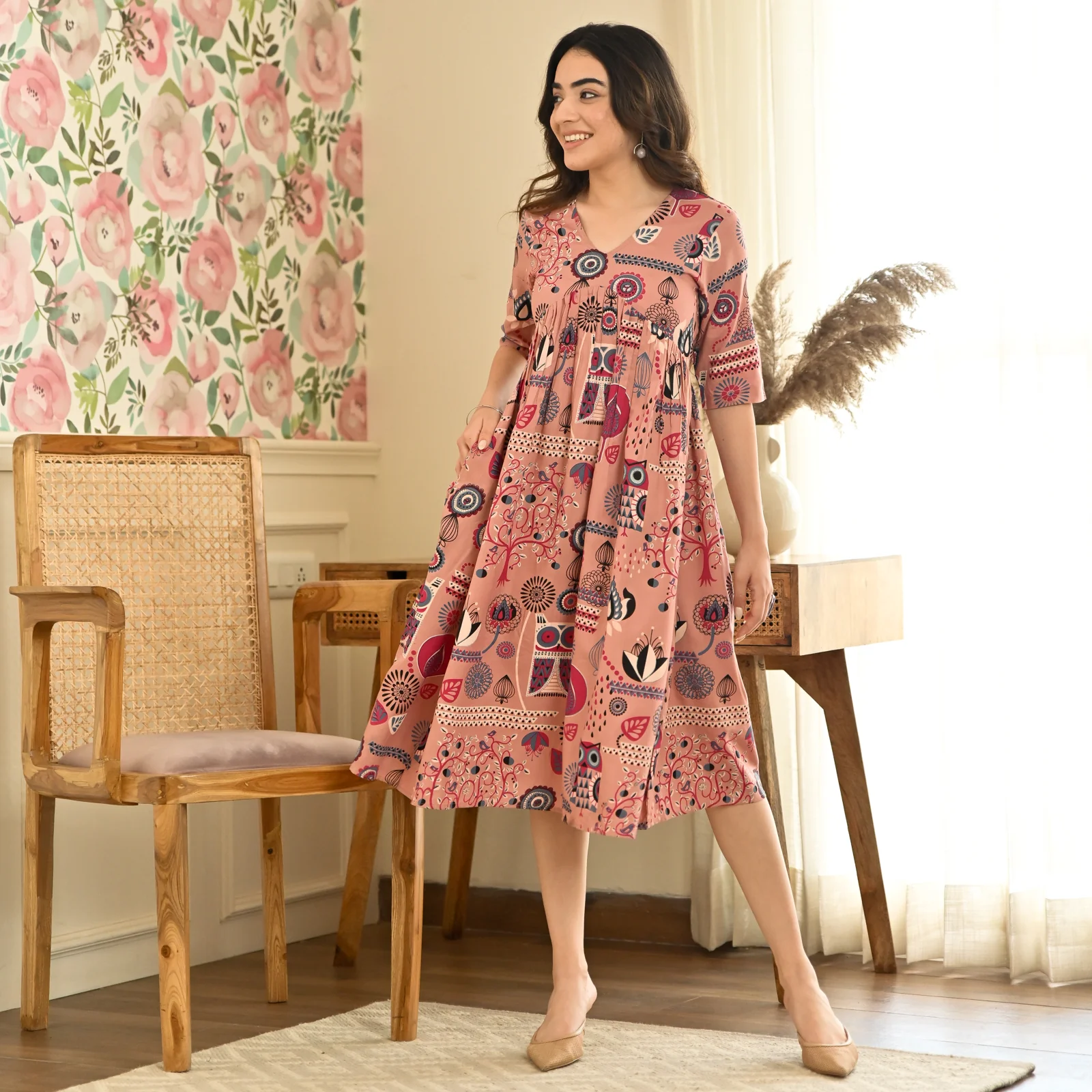 Baby Pink Abstract Print Flared Dress - Image 3