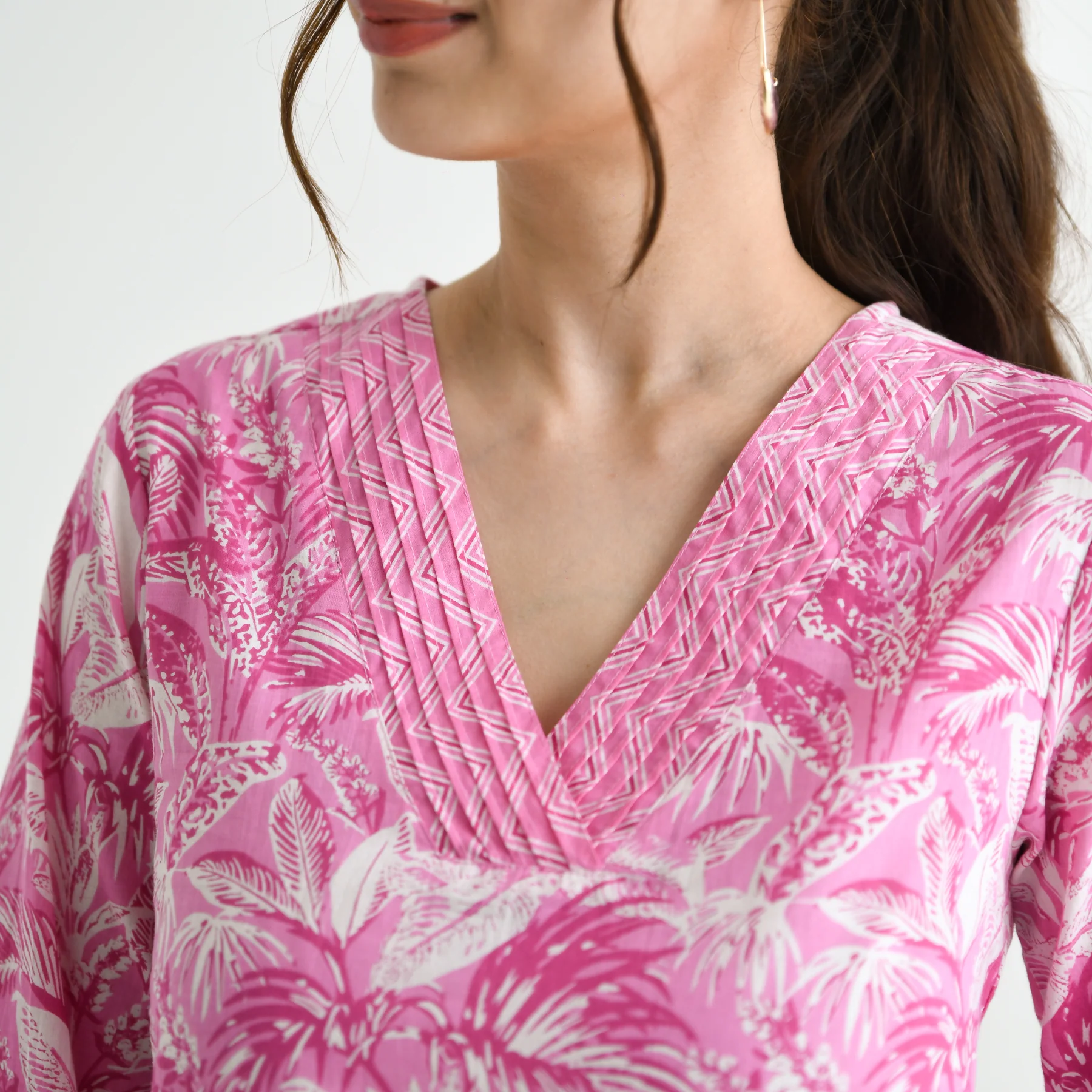 Baby Pink Abstract Printed Sanganeri Cotton Tunic with Pintuck Neckline Detail - Image 2