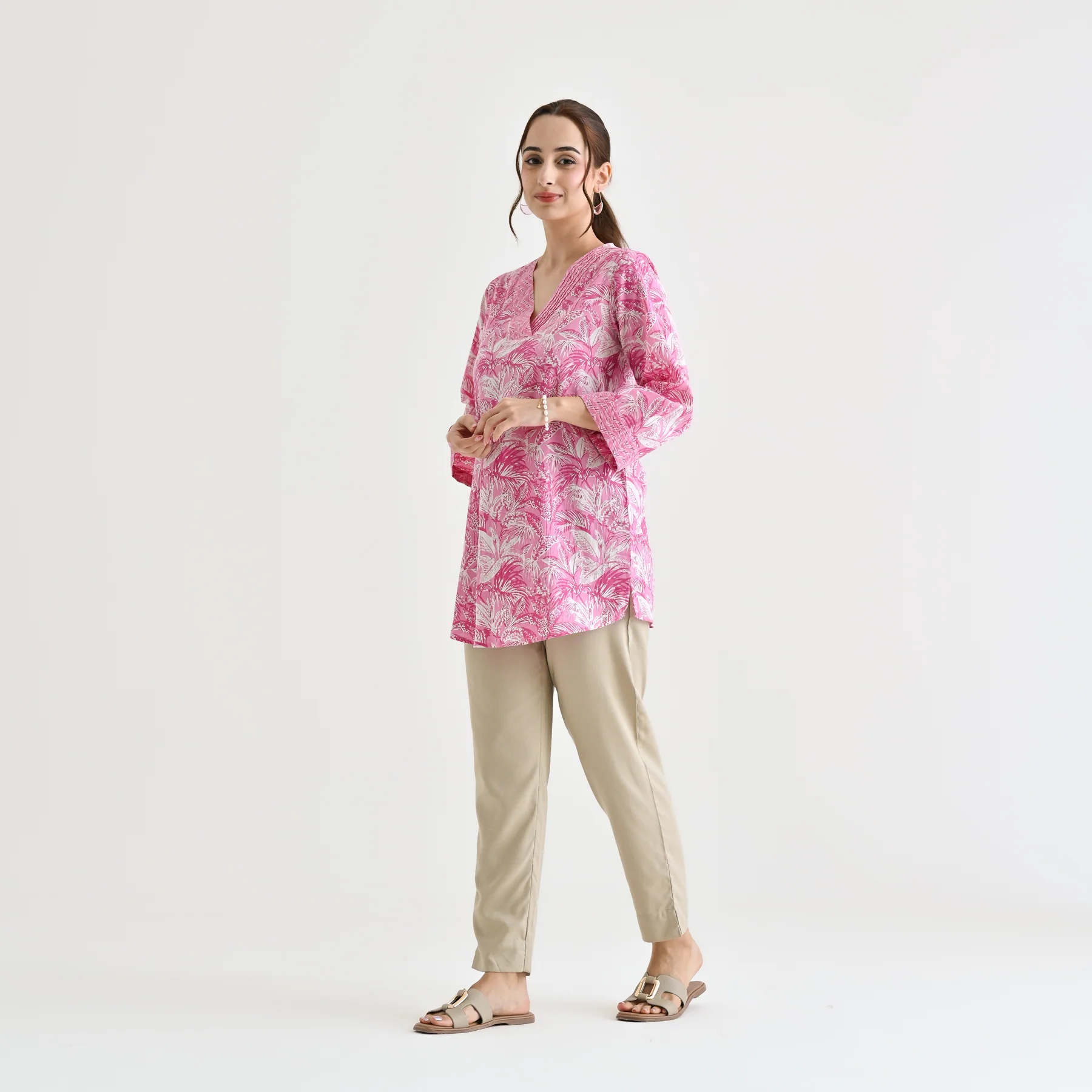 Baby Pink Abstract Printed Sanganeri Cotton Tunic with Pintuck Neckline Detail - Image 3