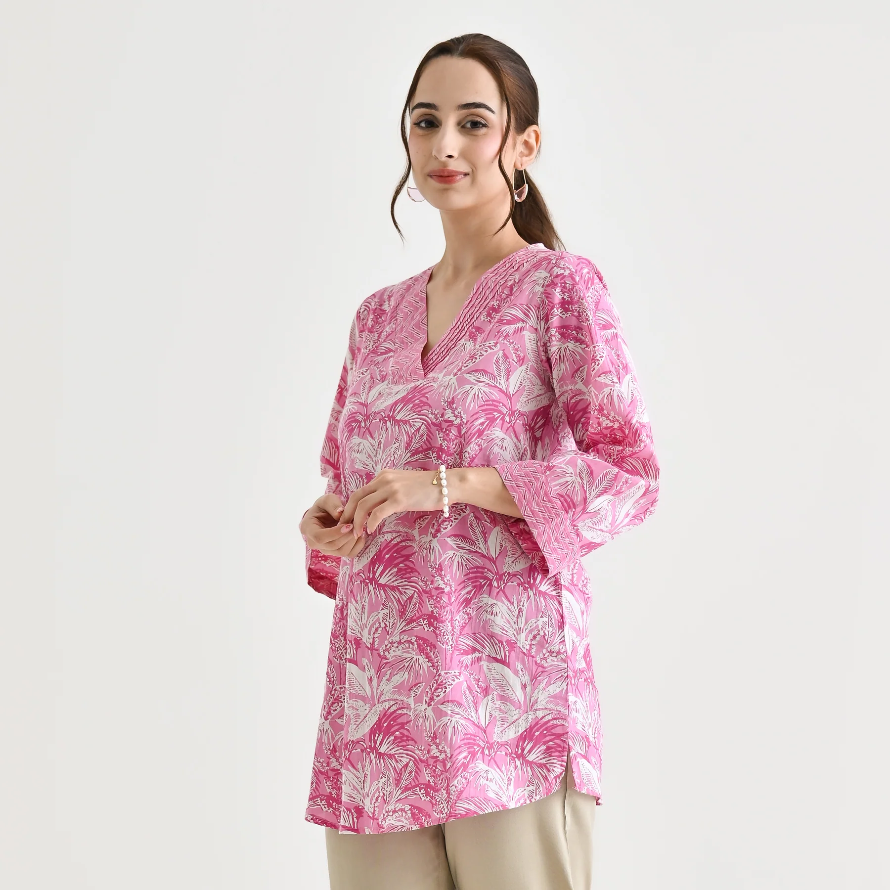 Baby Pink Abstract Printed Sanganeri Cotton Tunic with Pintuck Neckline Detail - Image 4