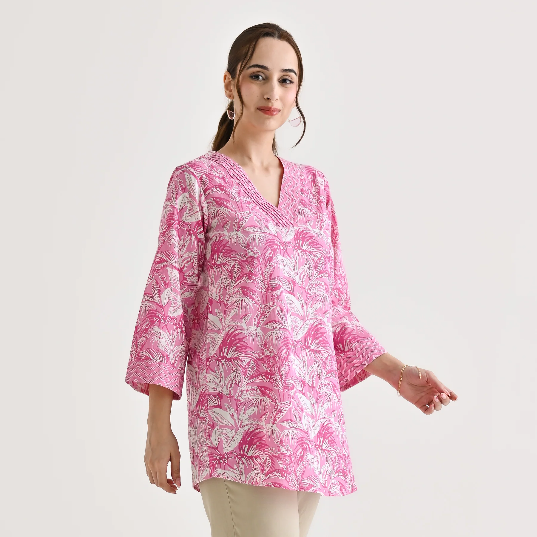 Baby Pink Abstract Printed Sanganeri Cotton Tunic with Pintuck Neckline Detail - Image 5