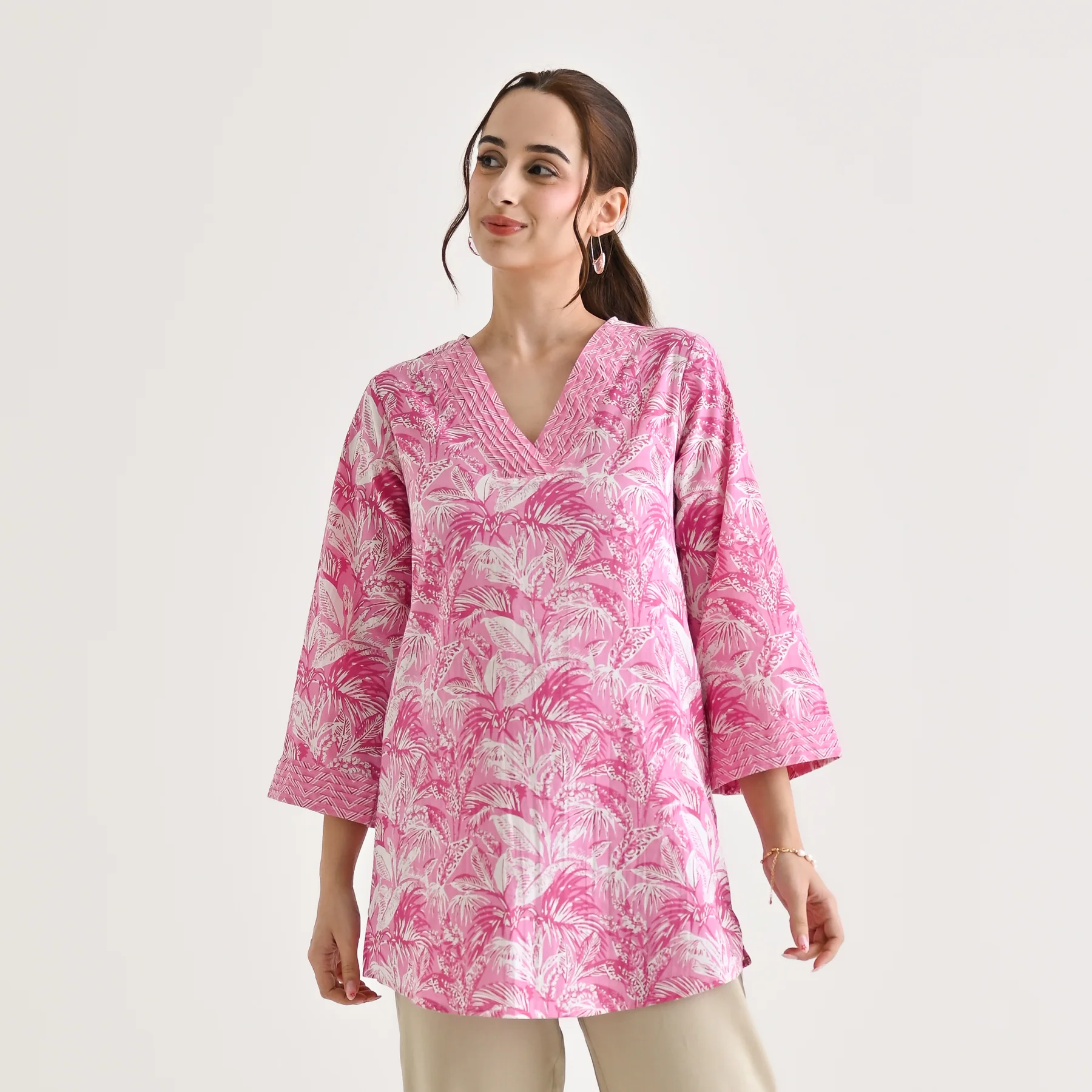 Baby Pink Abstract Printed Sanganeri Cotton Tunic with Pintuck Neckline Detail - Image 6
