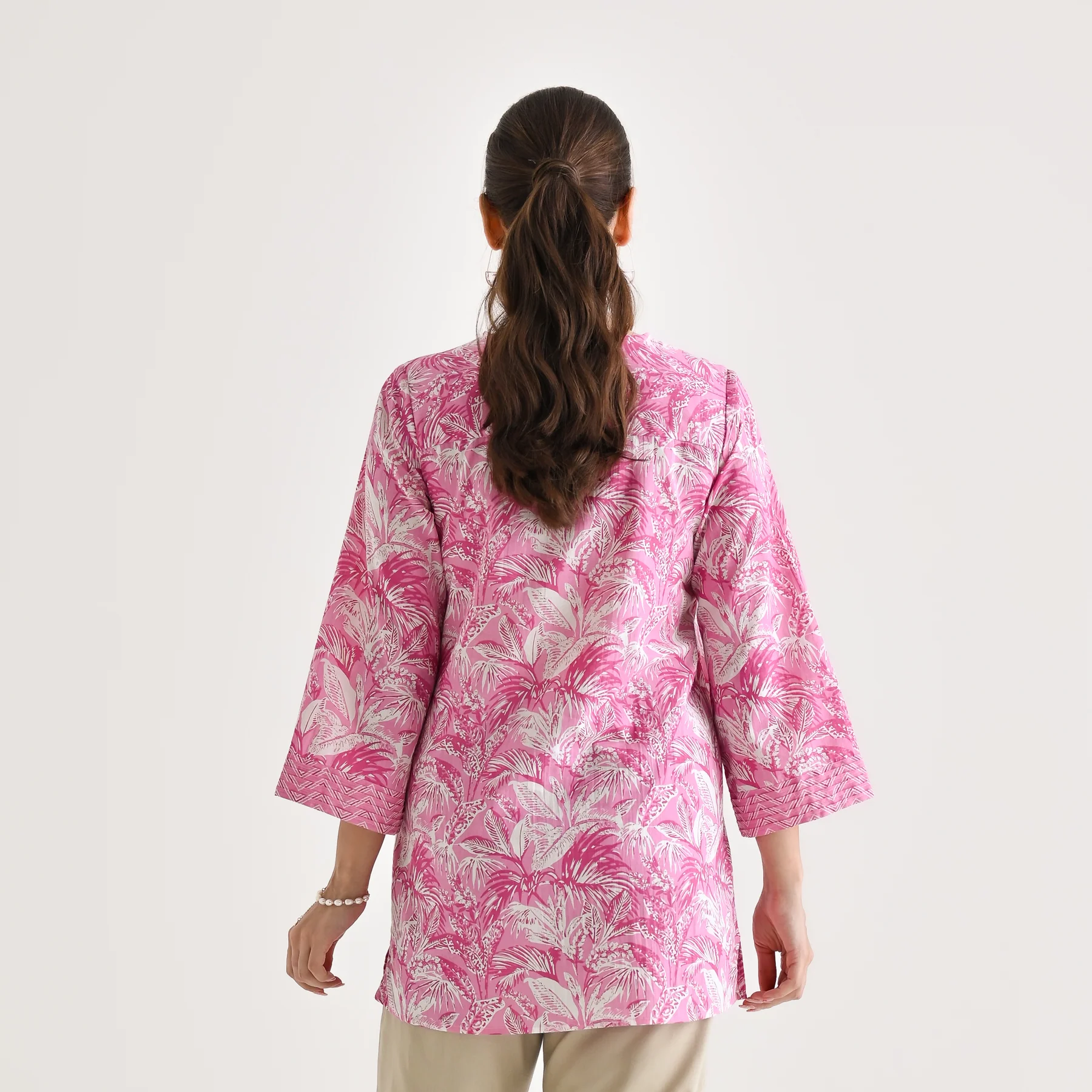 Baby Pink Abstract Printed Sanganeri Cotton Tunic with Pintuck Neckline Detail - Image 7