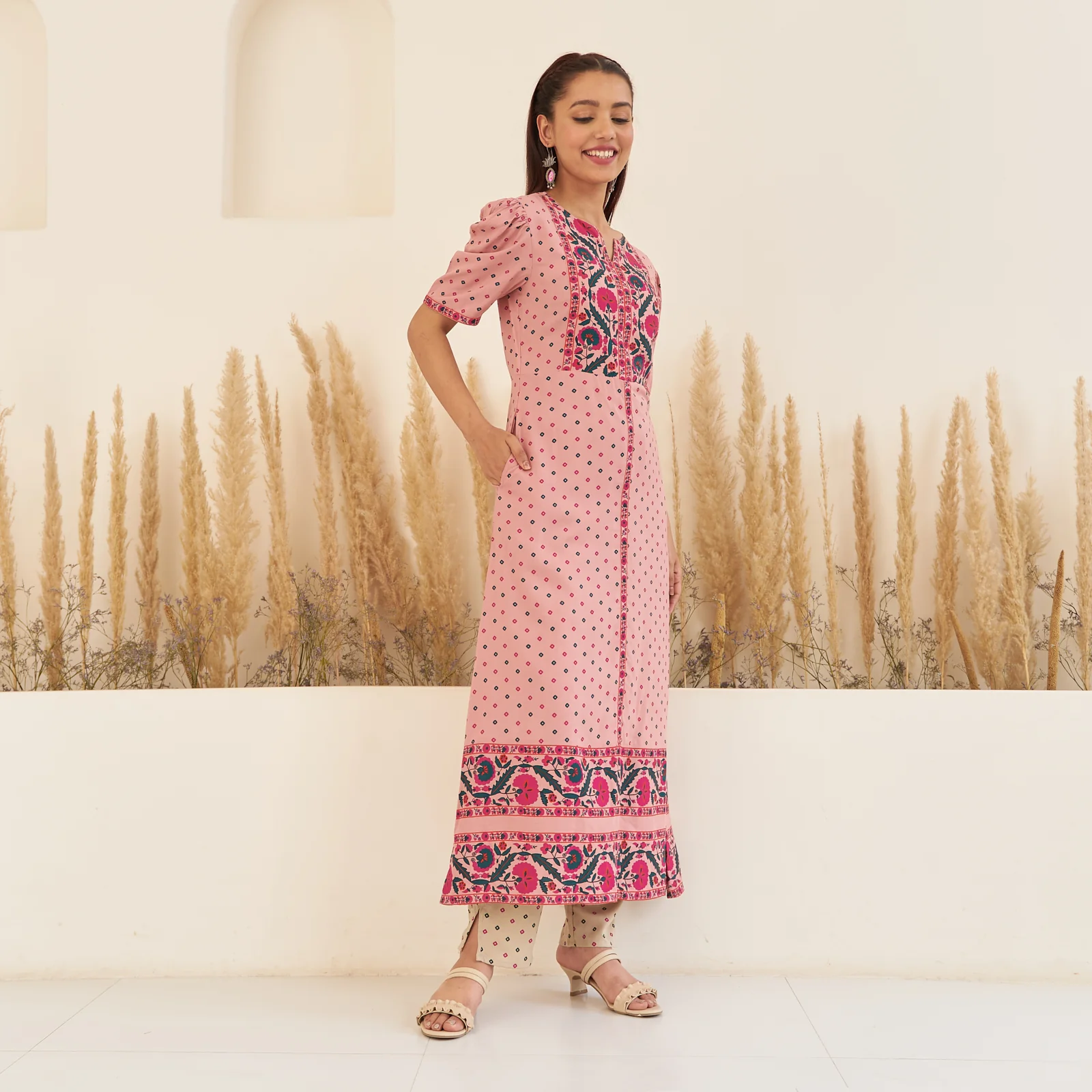 Baby Pink Bandhani Inspired Kurta Pant Co-ord Set for Women with Puff Sleeves - Image 3