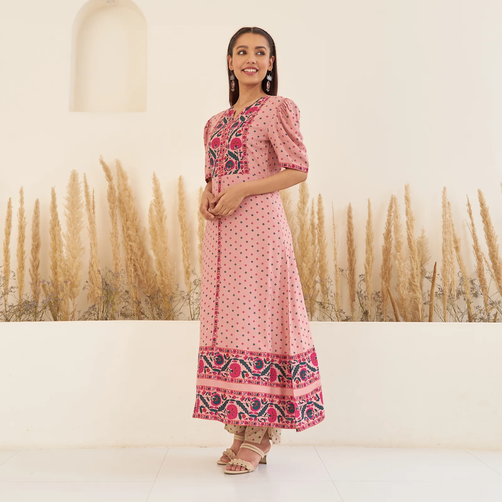 Baby Pink Bandhani Inspired Kurta Pant Co-ord Set for Women with Puff Sleeves - Image 4