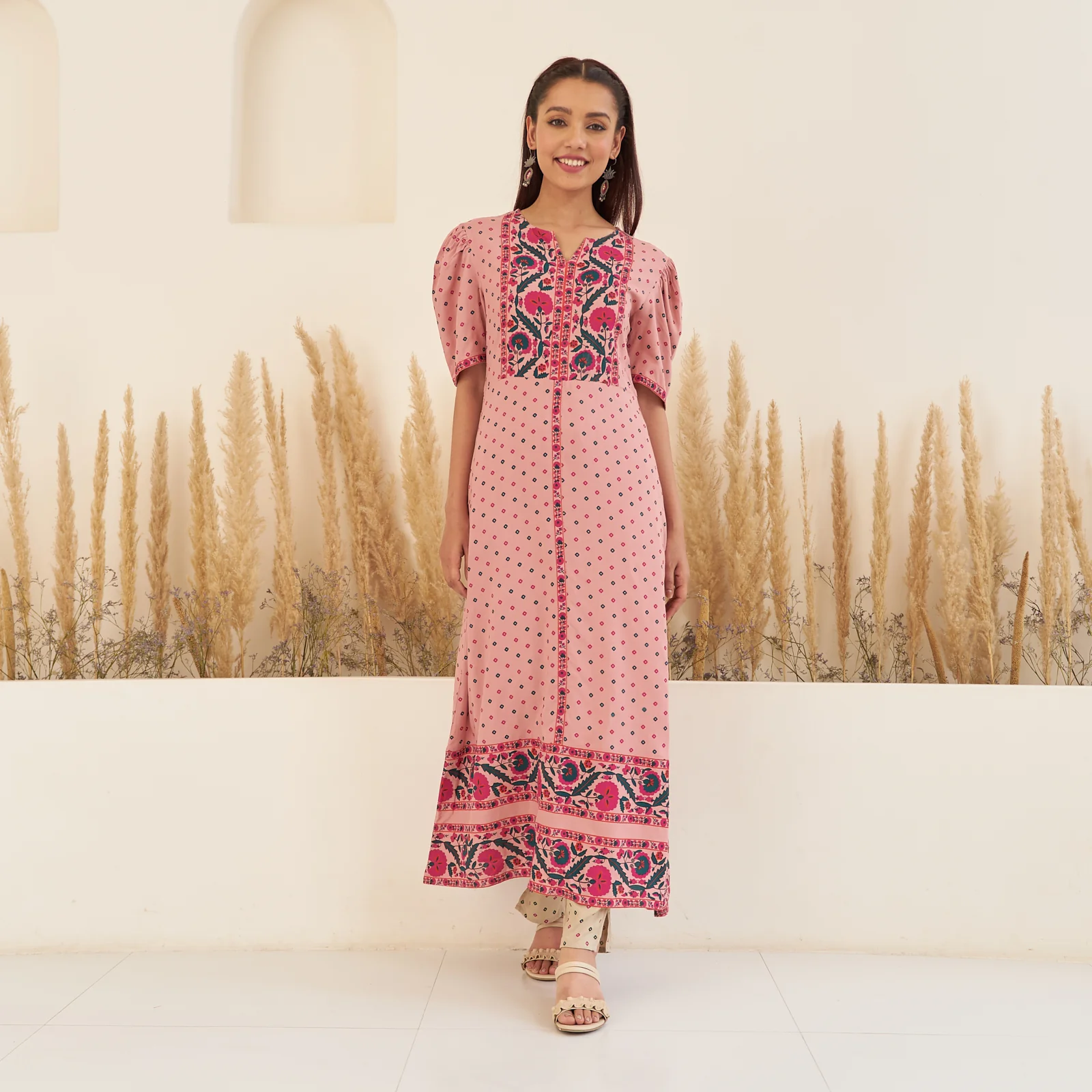 Baby Pink Bandhani Inspired Kurta Pant Co-ord Set for Women with Puff Sleeves - Image 5