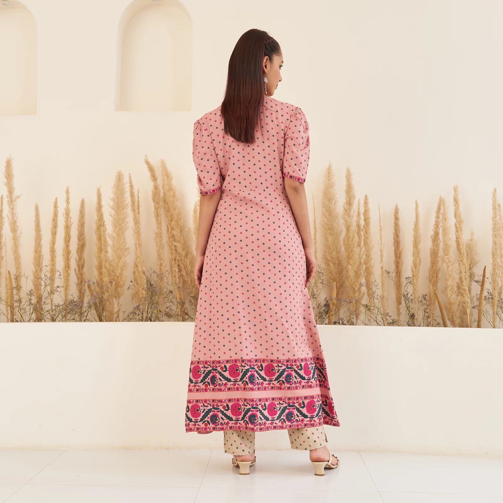 Baby Pink Bandhani Inspired Kurta Pant Co-ord Set for Women with Puff Sleeves - Image 7