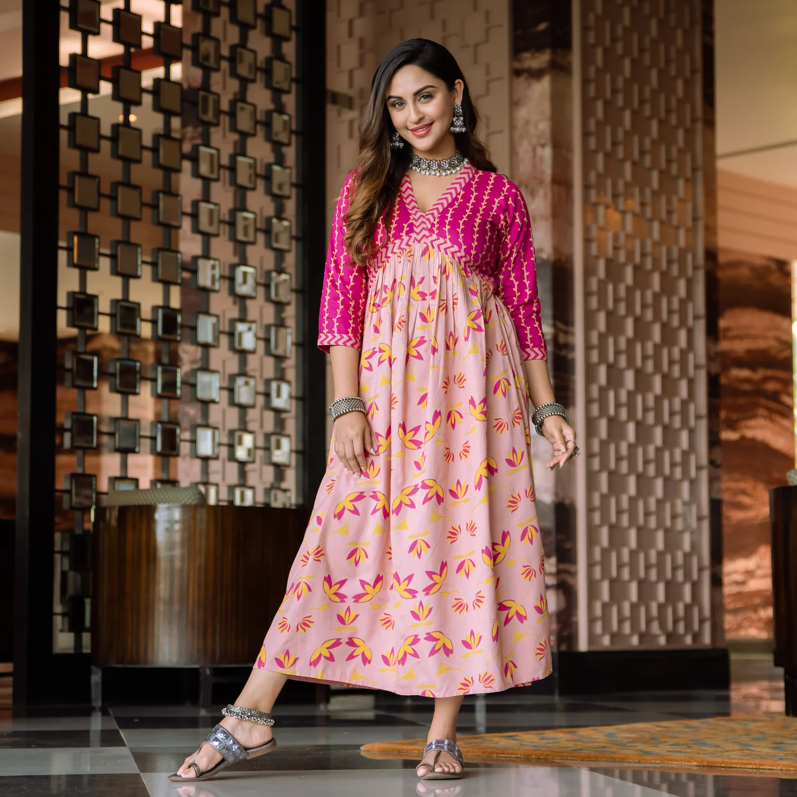 Baby Pink & Hot Pink V Neck Lotus Alia Cut Dress - Image 10