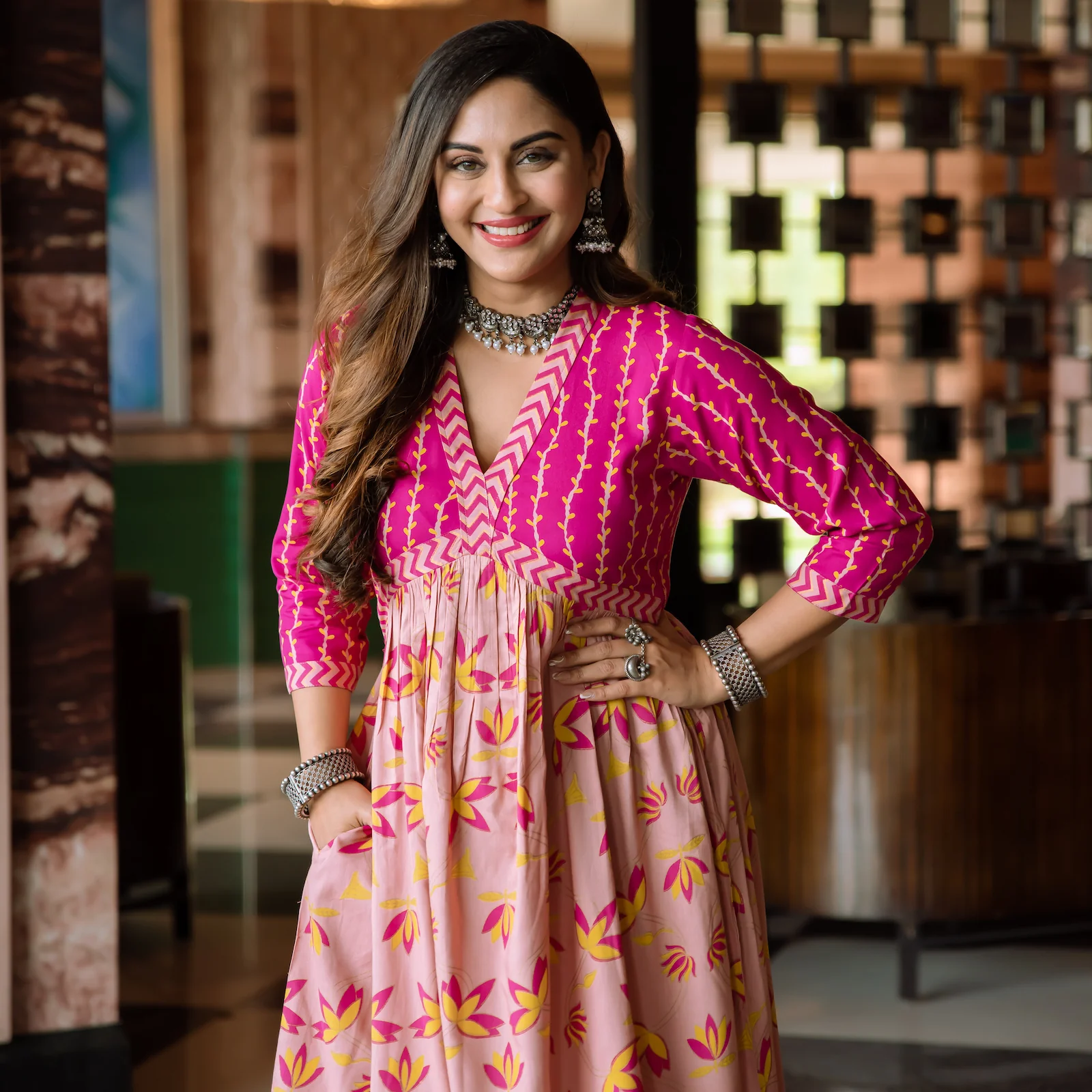 Baby Pink & Hot Pink V Neck Lotus Alia Cut Dress - Image 11