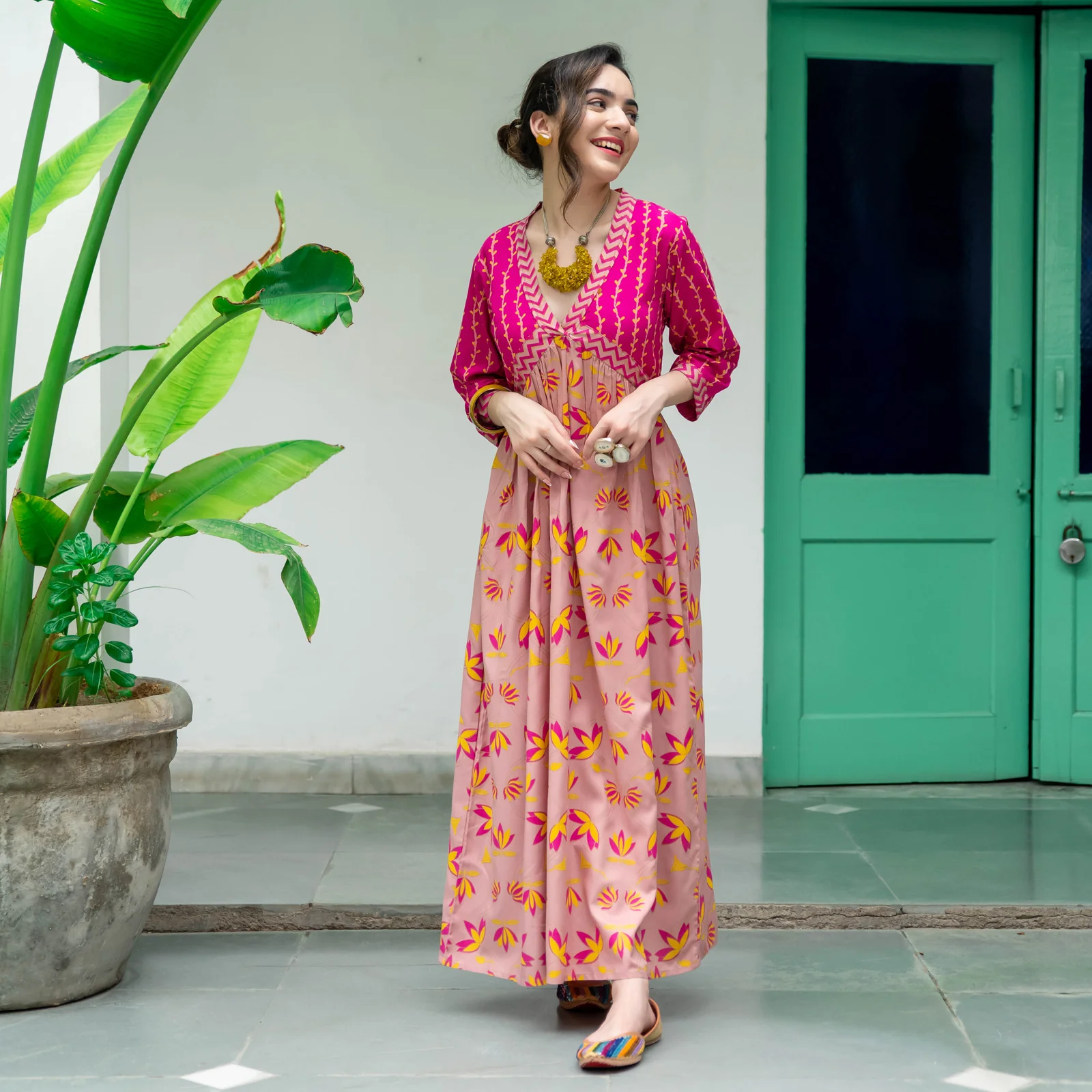 Baby Pink & Hot Pink V Neck Lotus Alia Cut Dress - Image 12