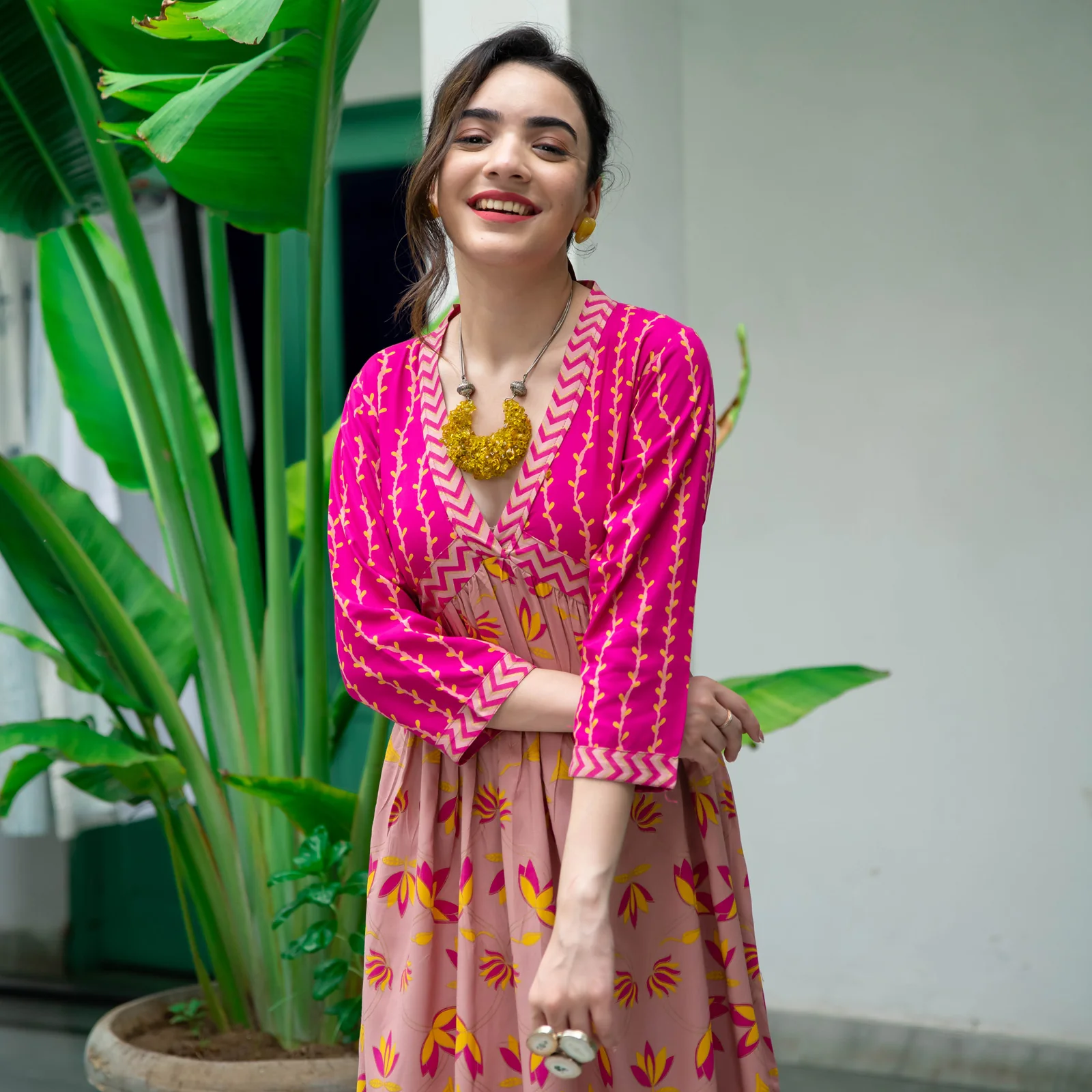 Baby Pink & Hot Pink V Neck Lotus Alia Cut Dress - Image 13