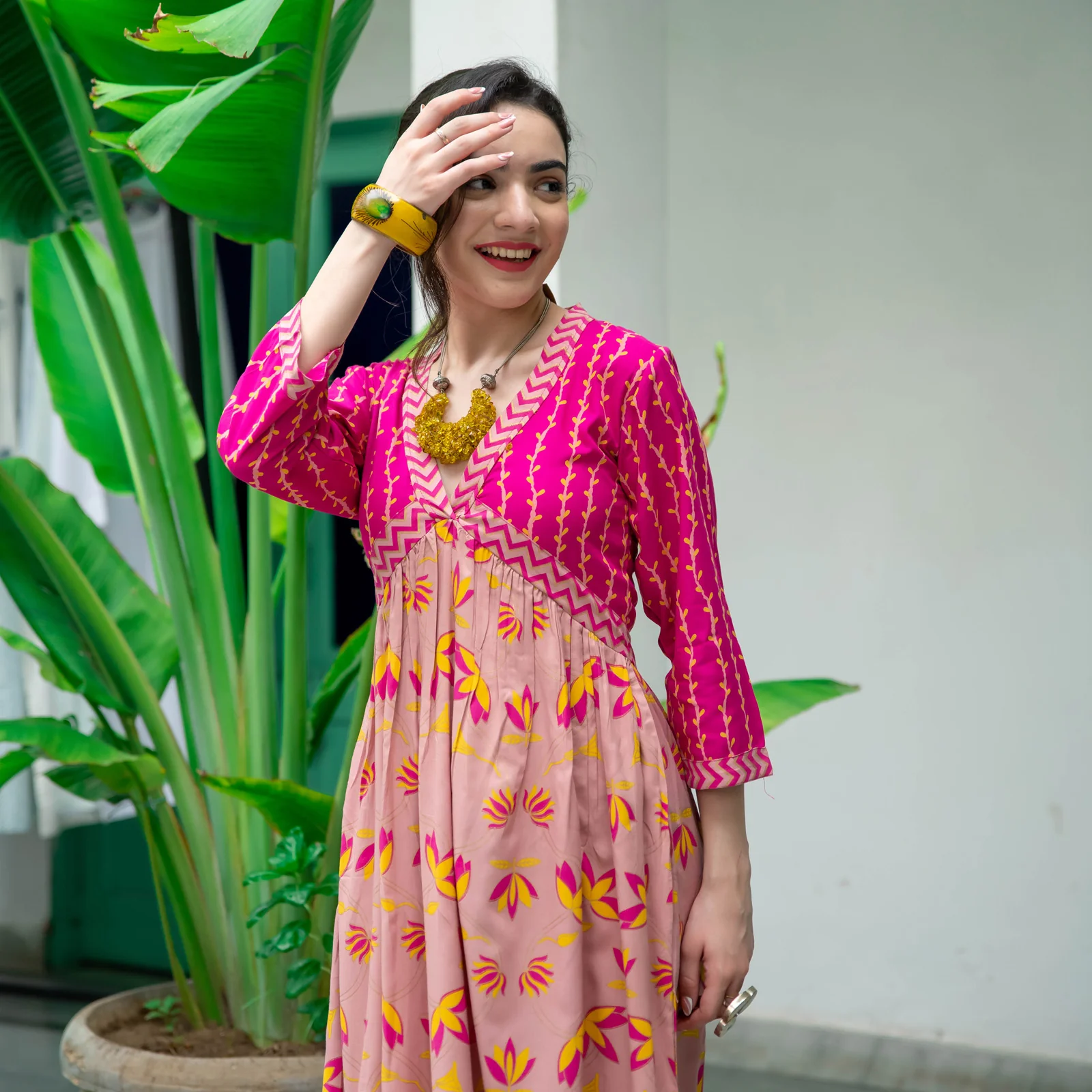 Baby Pink & Hot Pink V Neck Lotus Alia Cut Dress - Image 14