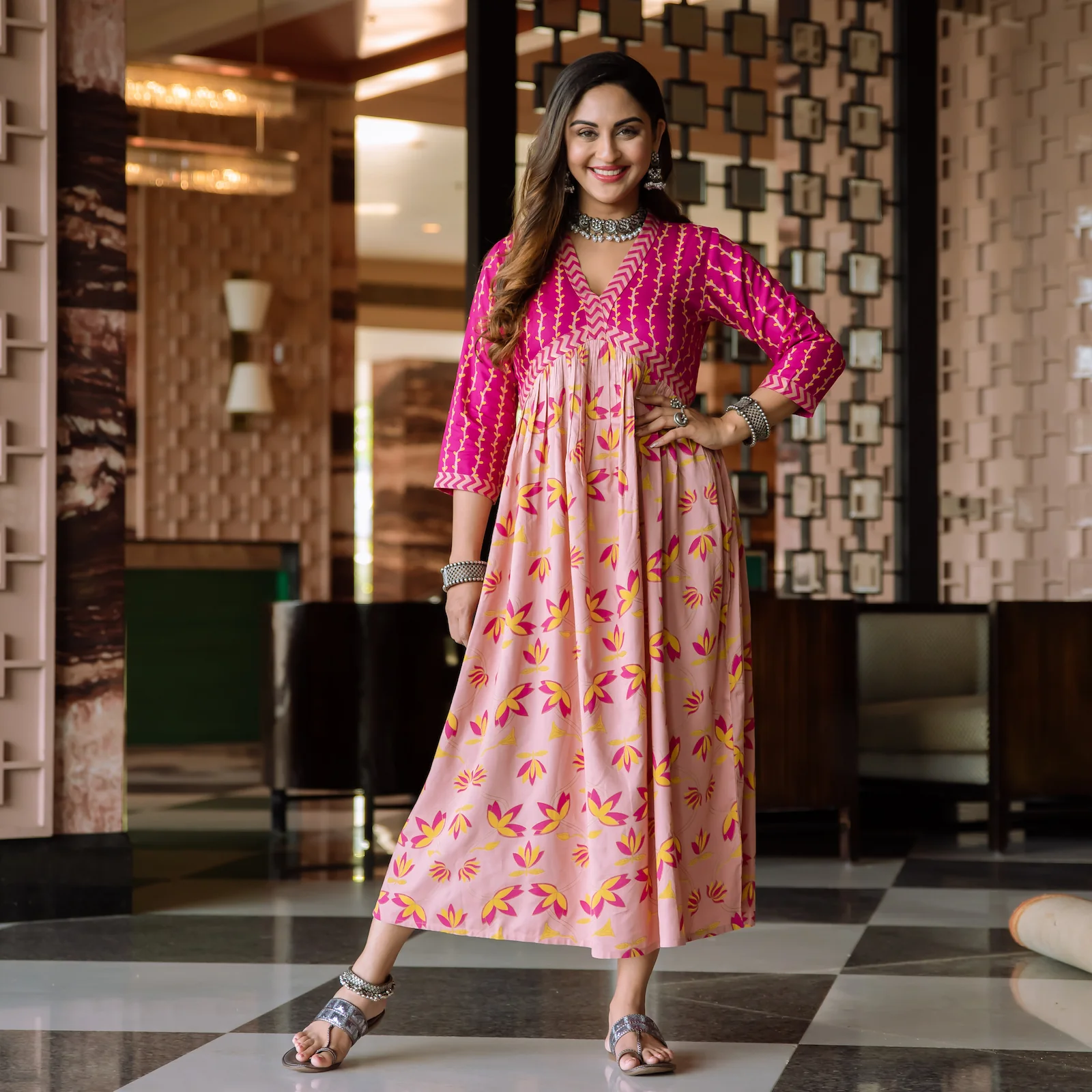 Baby Pink & Hot Pink V Neck Lotus Alia Cut Dress - Image 6