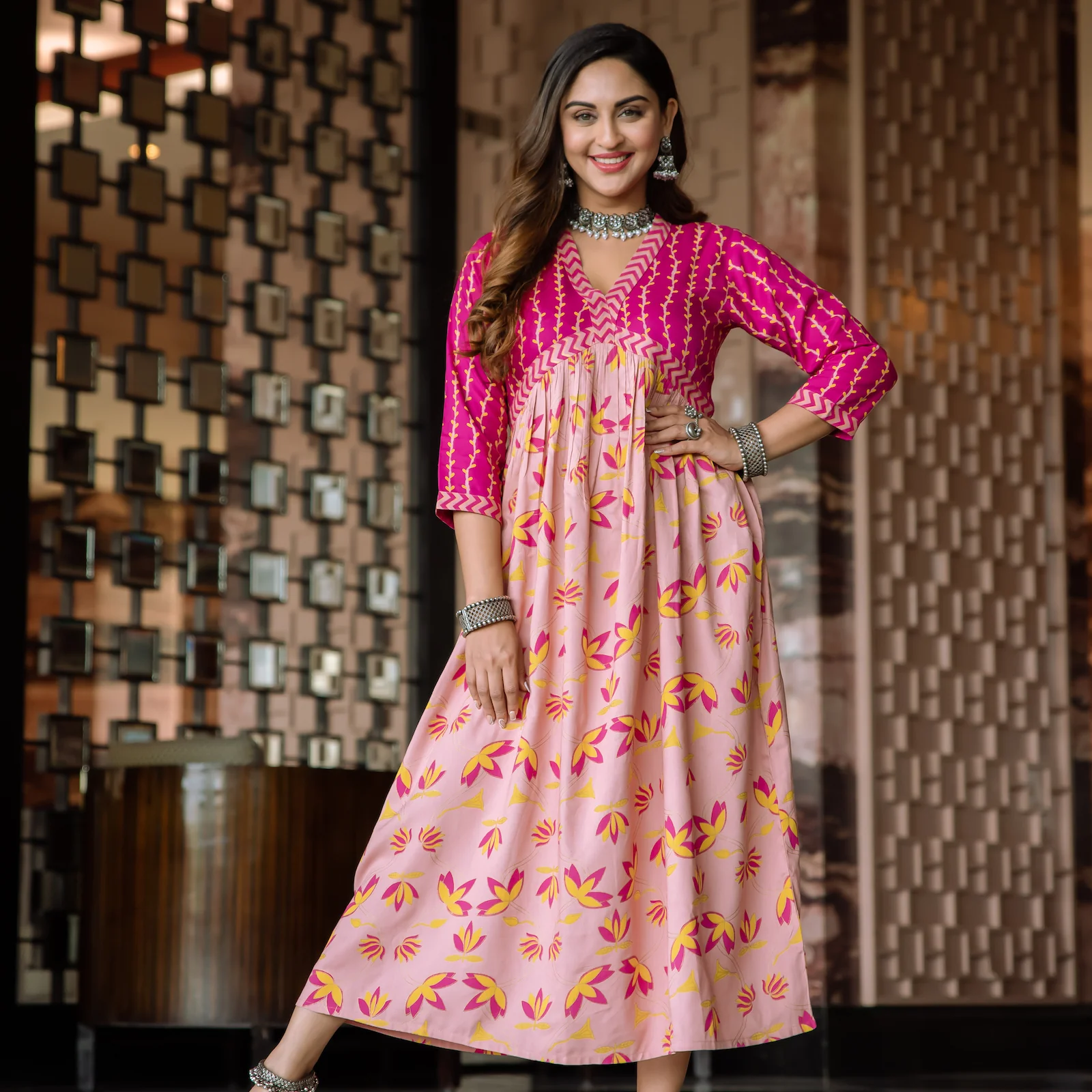 Baby Pink & Hot Pink V Neck Lotus Alia Cut Dress - Image 7