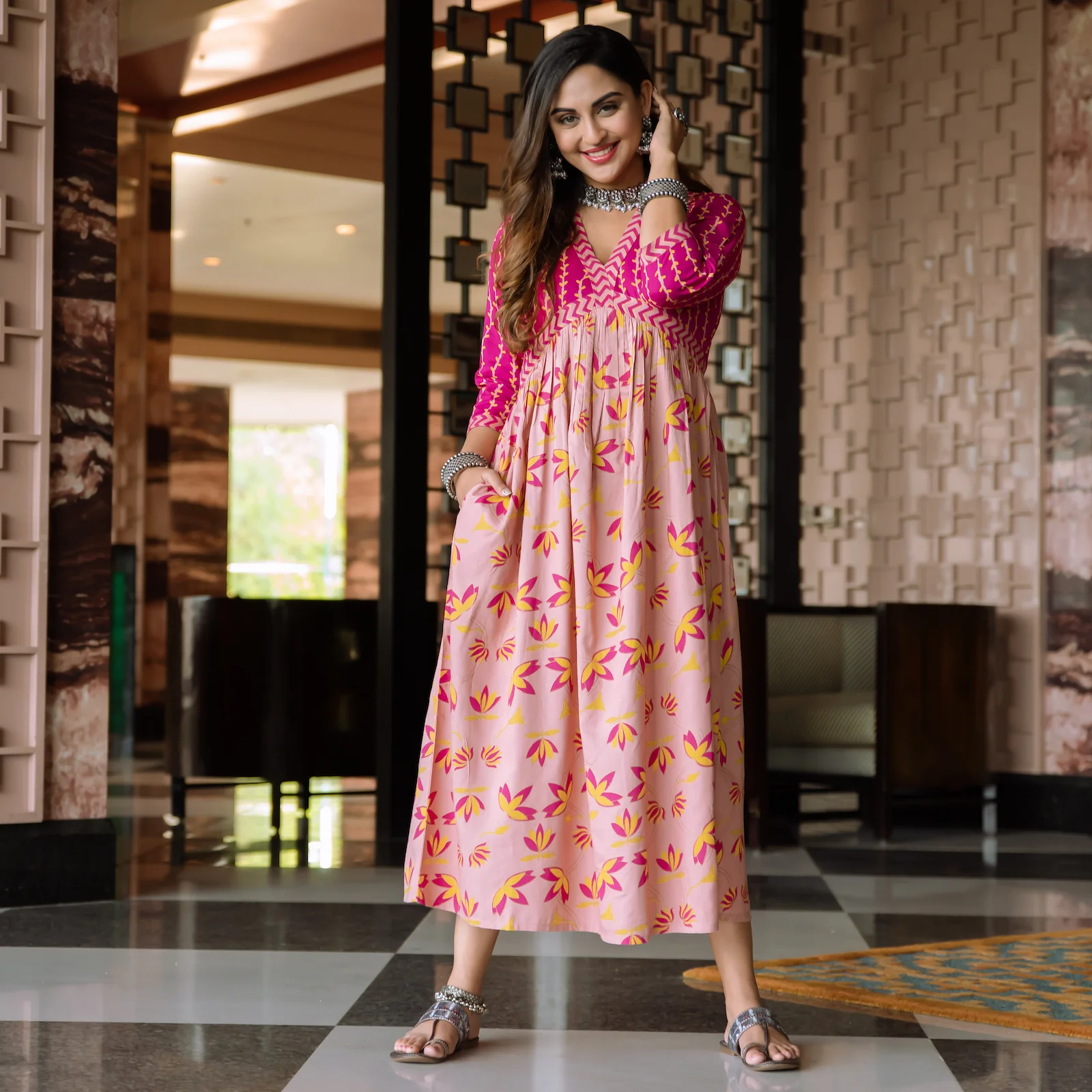 Baby Pink & Hot Pink V Neck Lotus Alia Cut Dress - Image 8