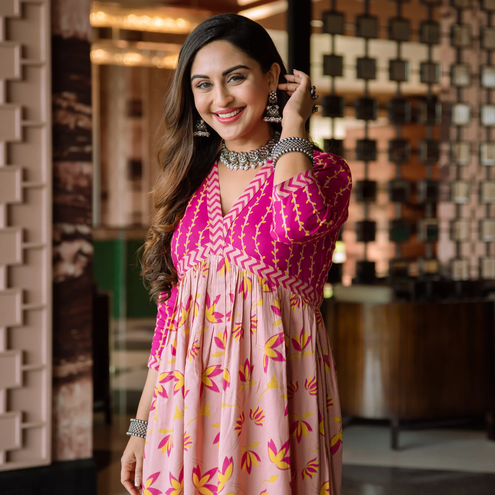 Baby Pink & Hot Pink V Neck Lotus Alia Cut Dress - Image 9