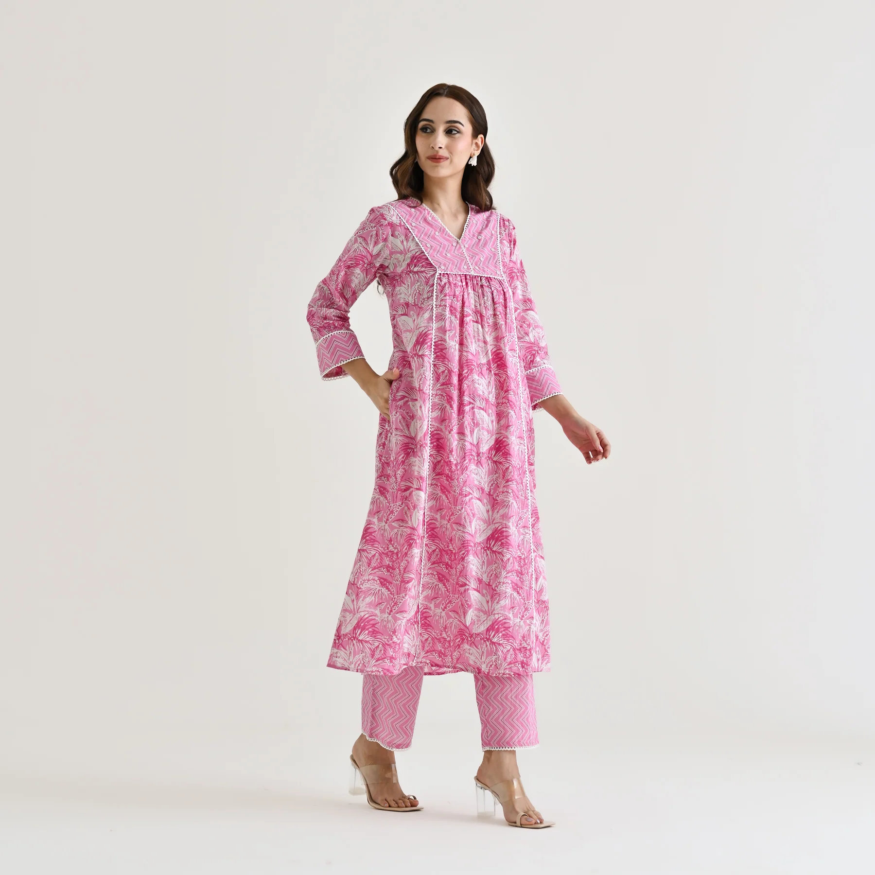 Baby Pink Sanganeri Cotton Kurta with Embroidery & Lace Details - Image 3