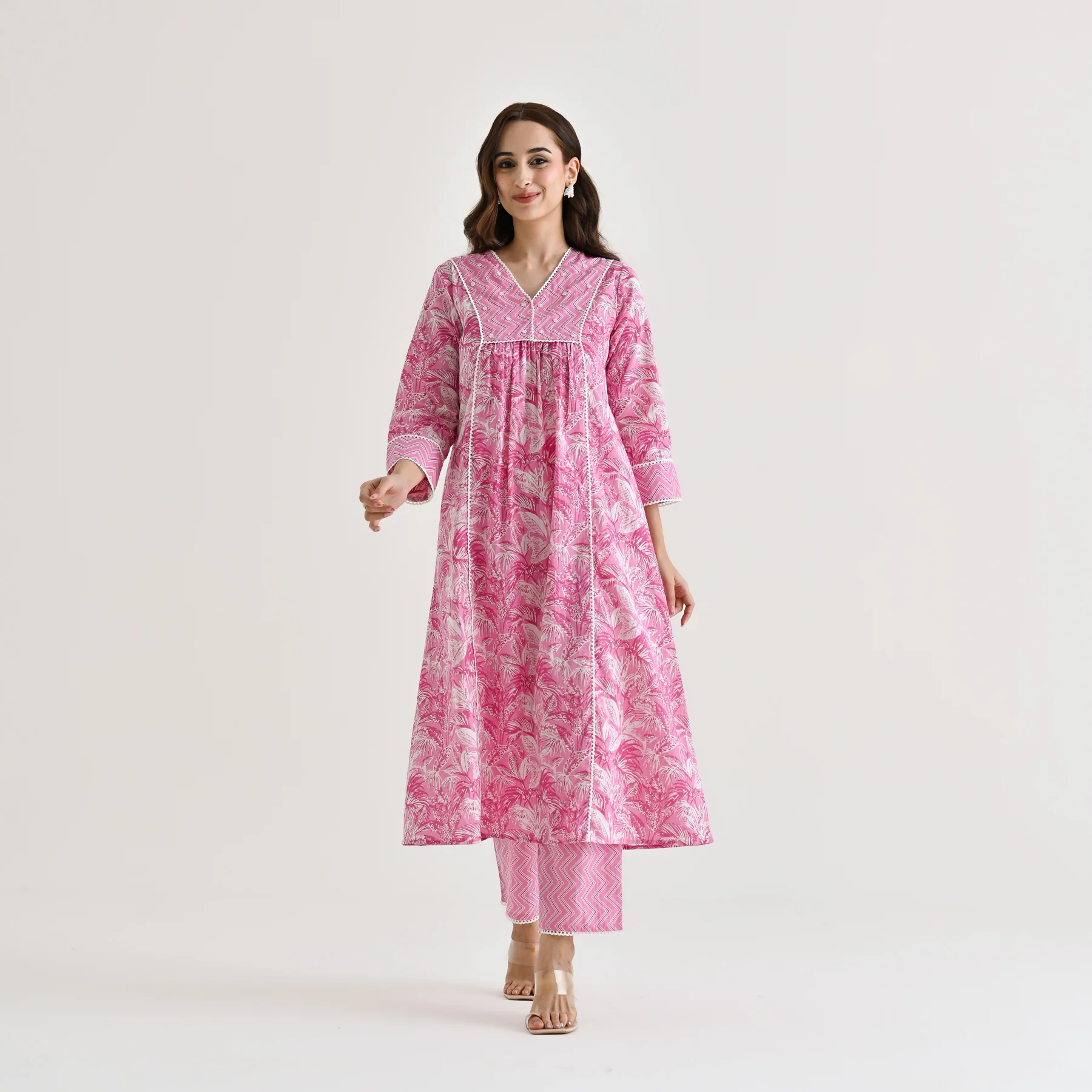 Baby Pink Sanganeri Cotton Kurta with Embroidery & Lace Details - Image 4