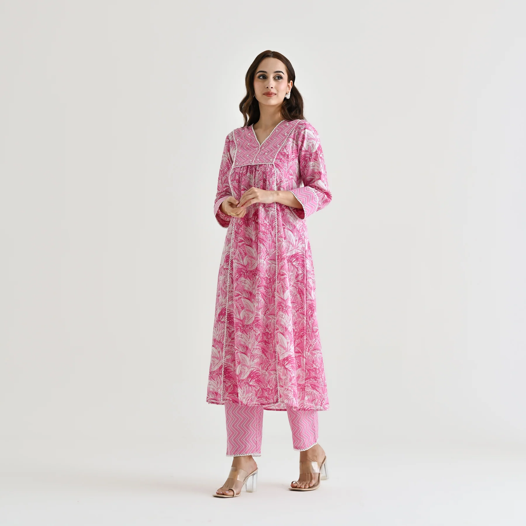 Baby Pink Sanganeri Cotton Kurta with Embroidery & Lace Details - Image 6