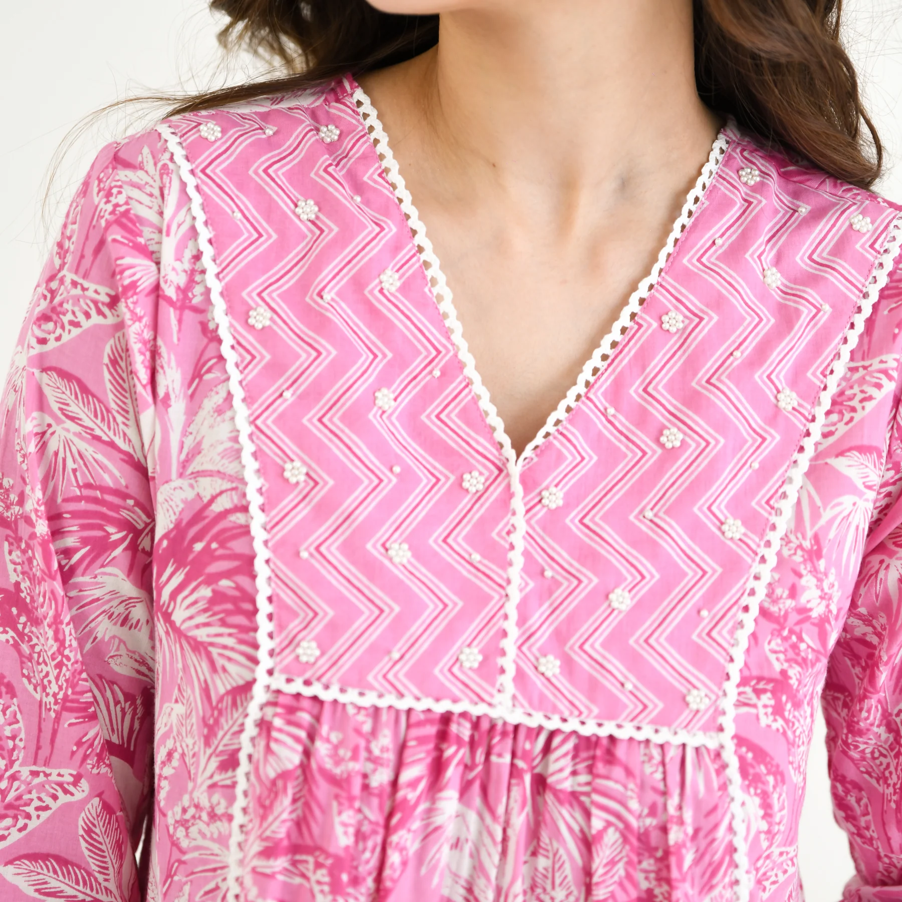 Baby Pink Sanganeri Cotton Kurta with Embroidery & Lace Details - Image 8