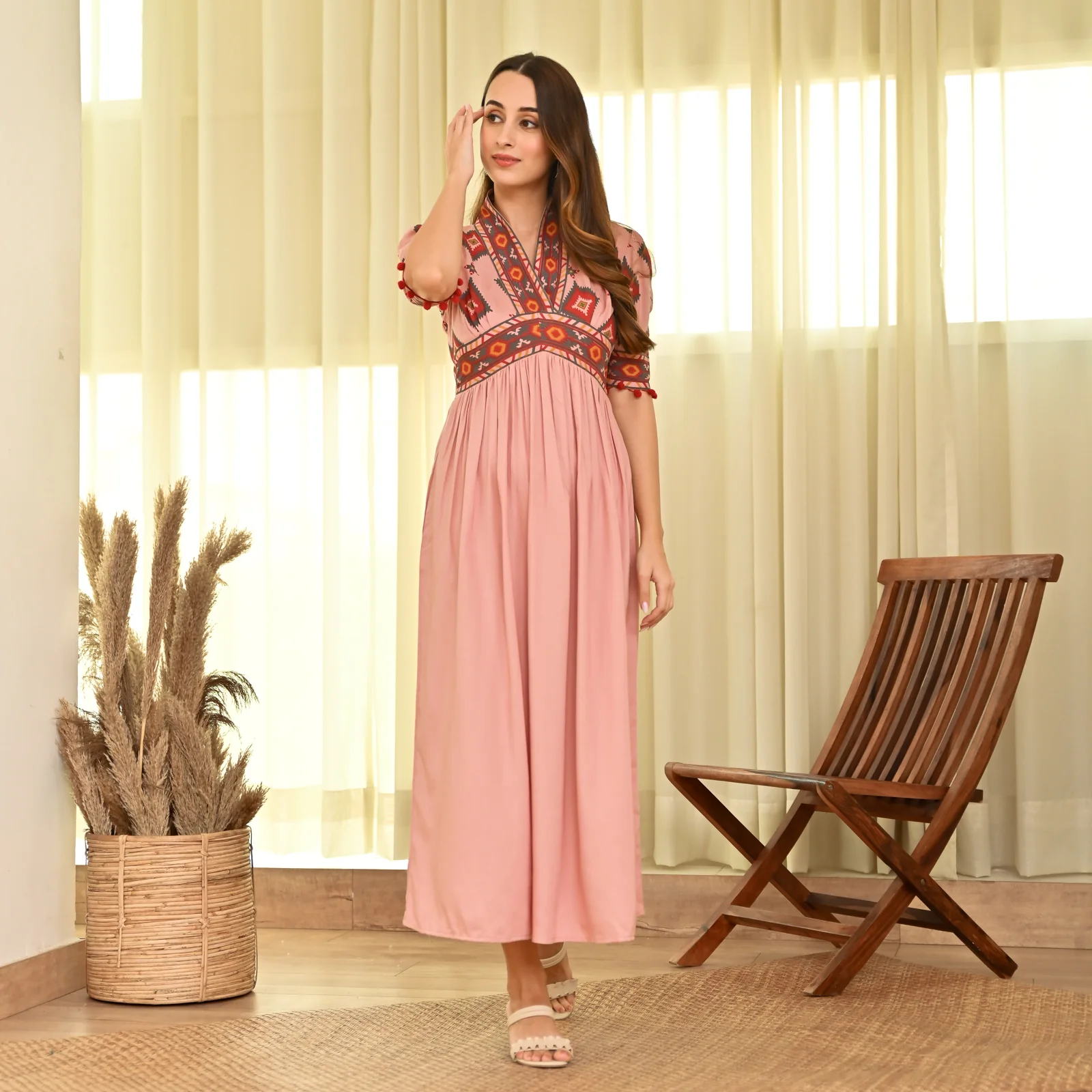 Baby Pink V Neck Alia Cut Dress with Puff Sleeves - Image 2