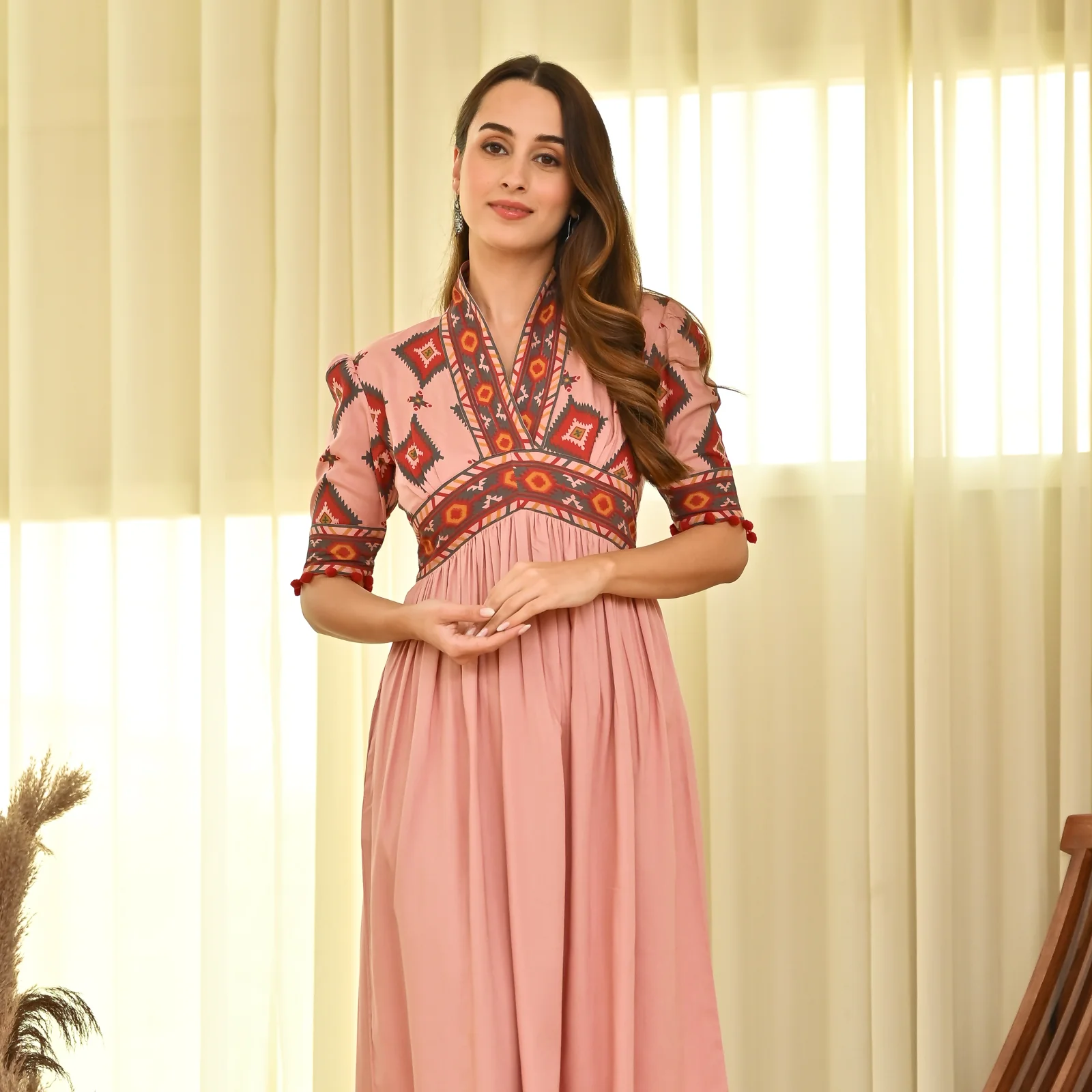 Baby Pink V Neck Alia Cut Dress with Puff Sleeves - Image 3
