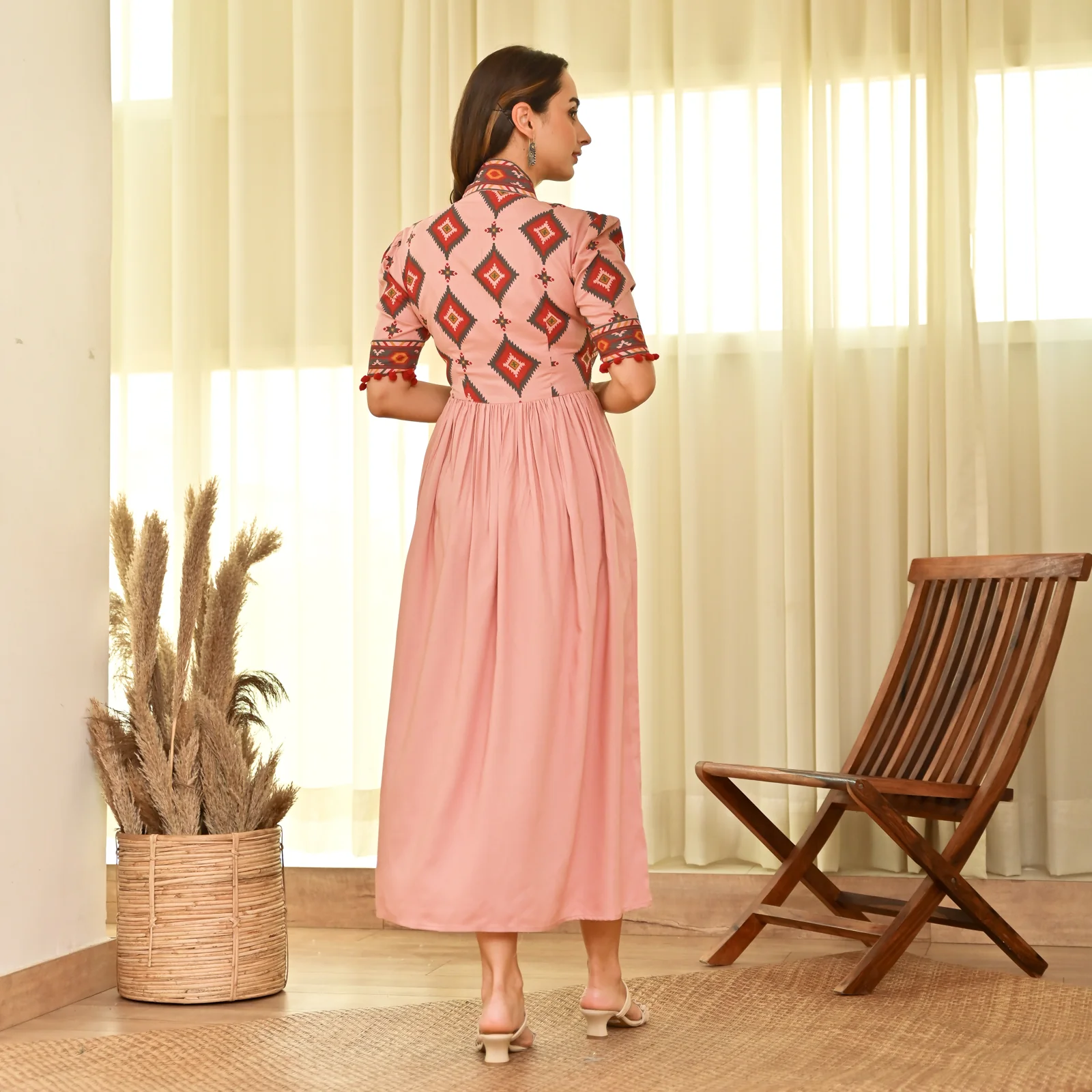 Baby Pink V Neck Alia Cut Dress with Puff Sleeves - Image 6